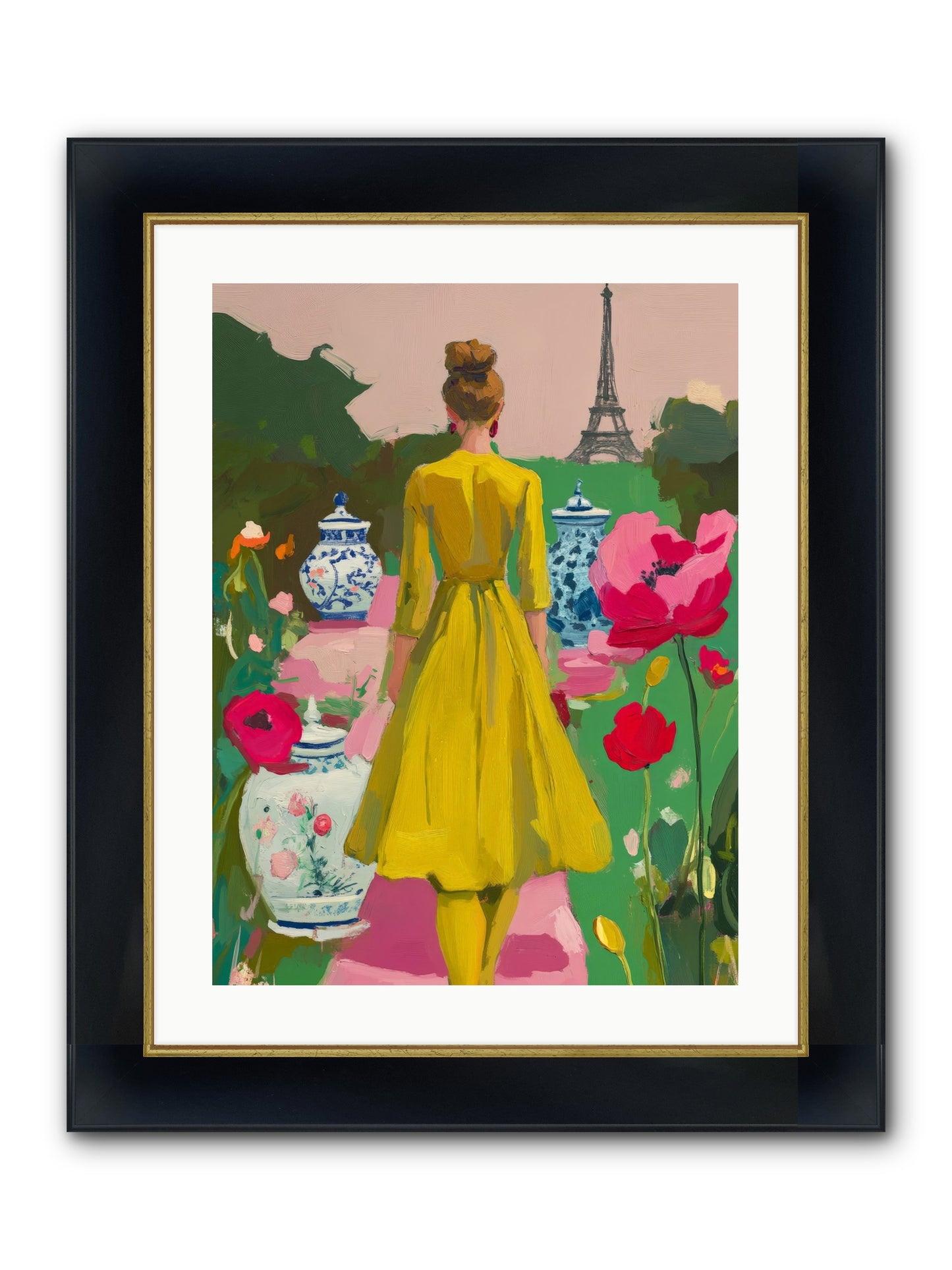 Paris In Pink Light Framed Print - Wide Black w/Gold 18x24