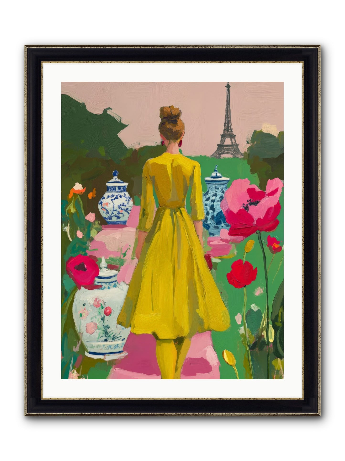 Paris In Pink Light Framed Print - Black & Gold 24x32