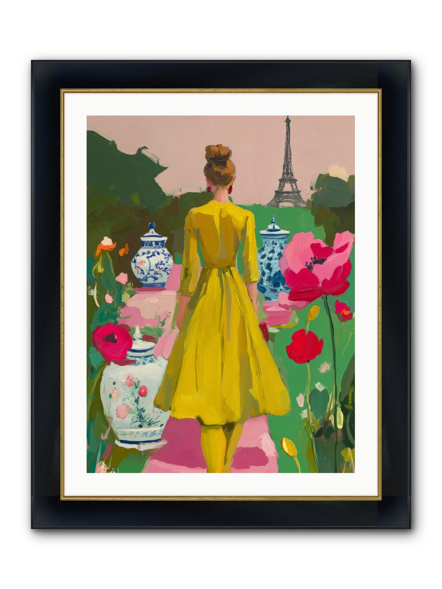 Paris In Pink Light Framed Print - Wide Black w/Gold 24x32