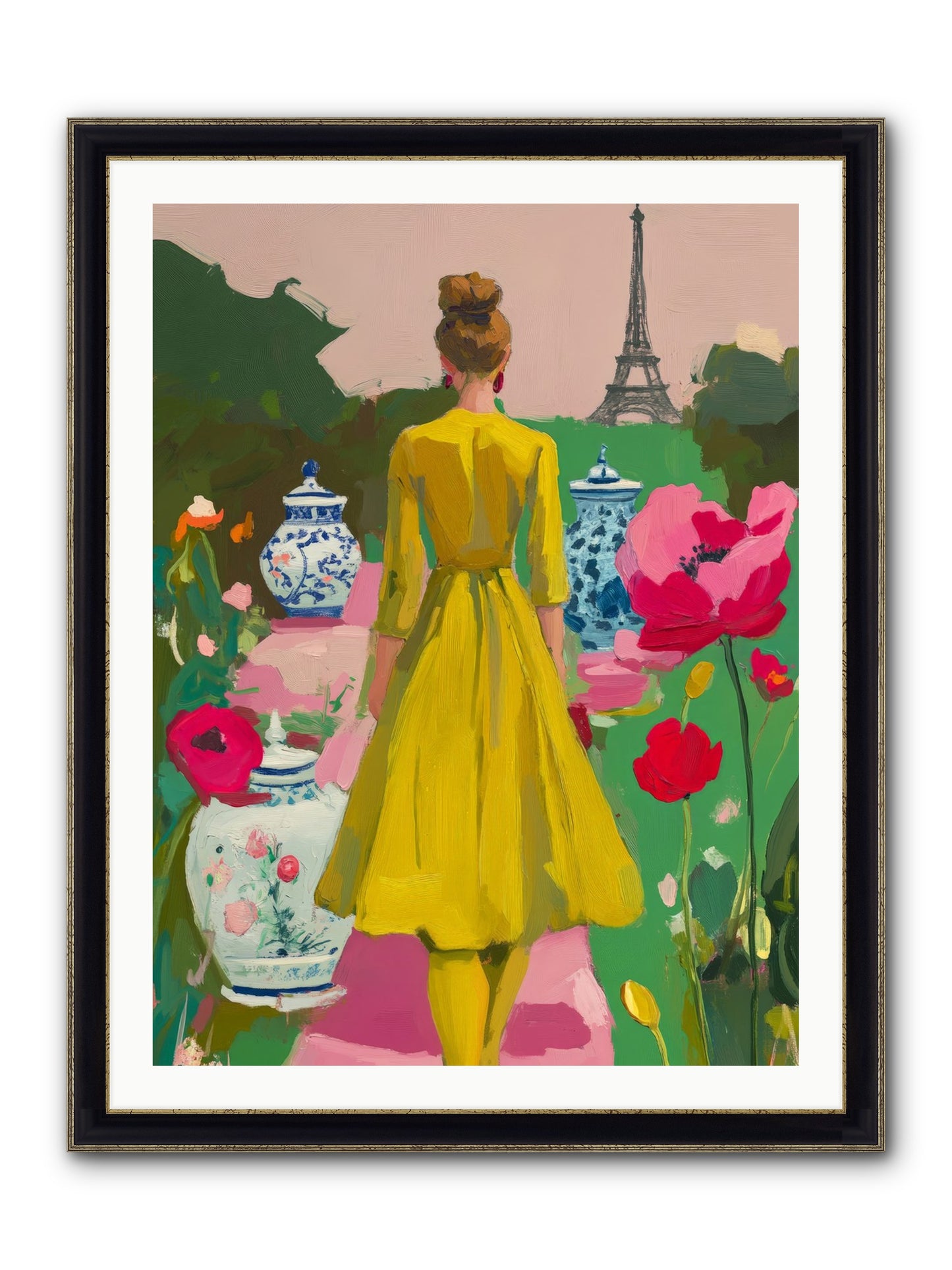 Paris In Pink Light Framed Print - Black & Gold 30x40