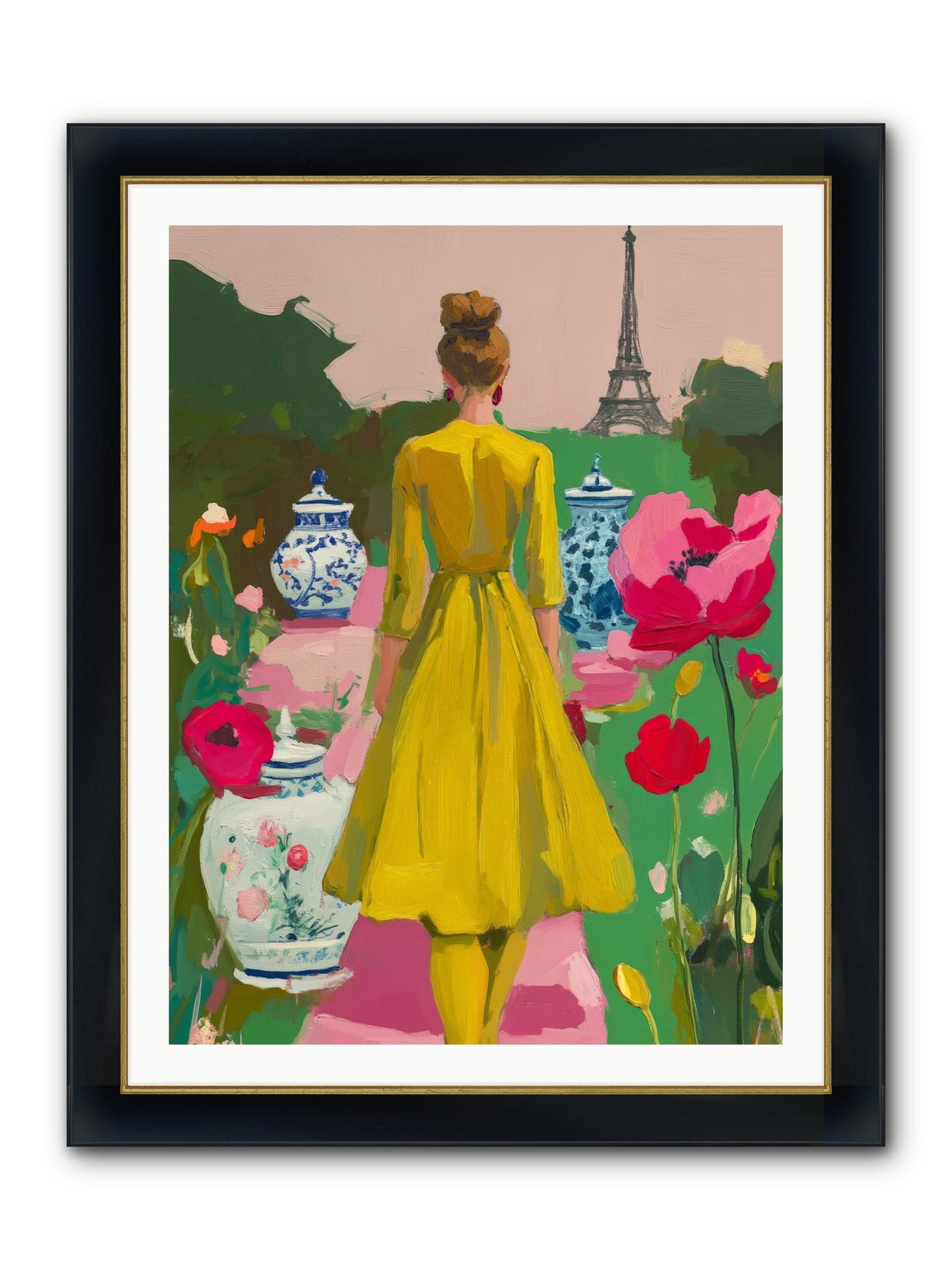 Paris In Pink Light Framed Print - Wide Black w/Gold 30x40