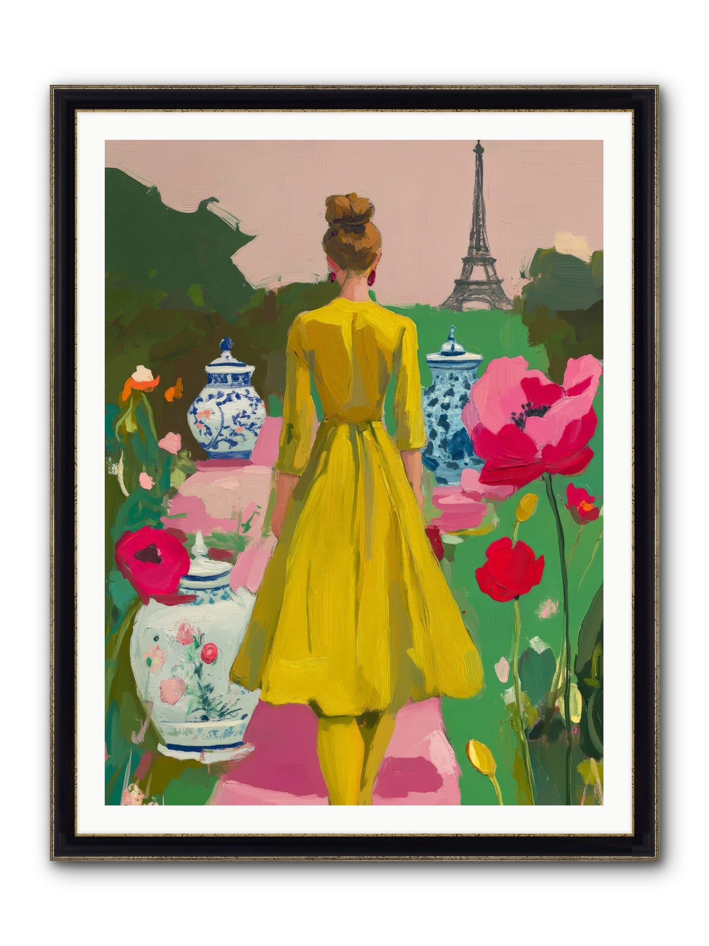 Paris In Pink Light Framed Print - Black & Gold 36x48
