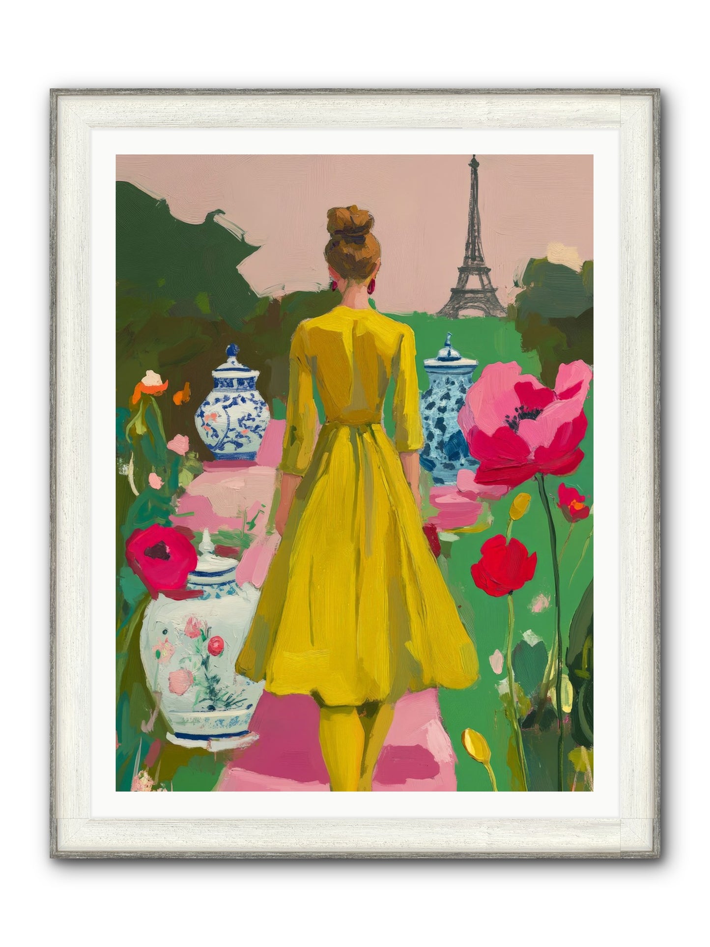 Paris In Pink Light Framed Print - Driftwood White 36x48