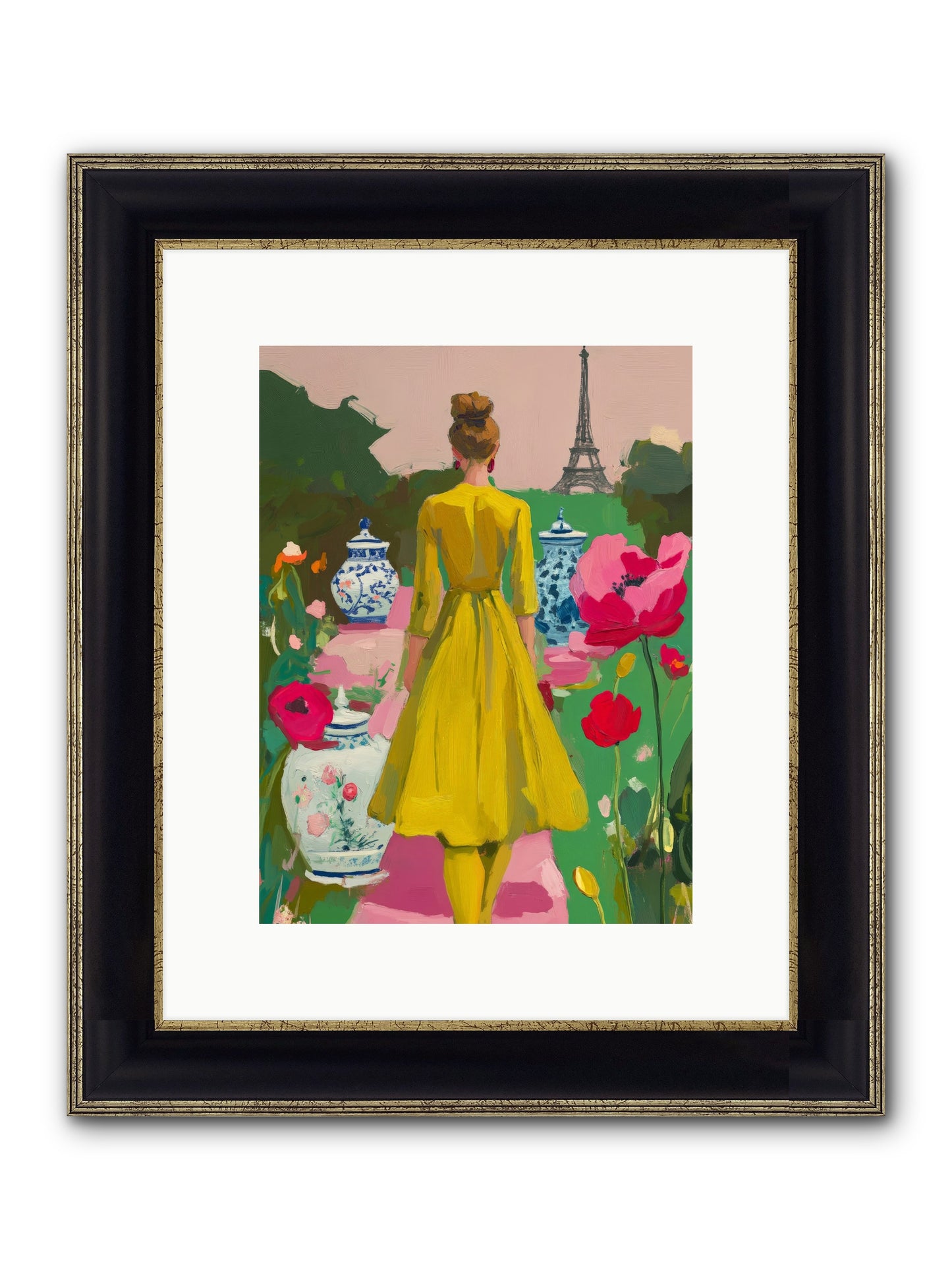 Paris In Pink Light Framed Print - Black & Gold 9x12