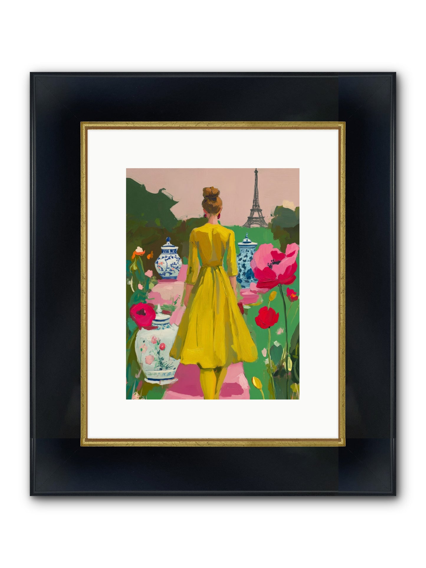 Paris In Pink Light Framed Print - Wide Black w/Gold 9x12