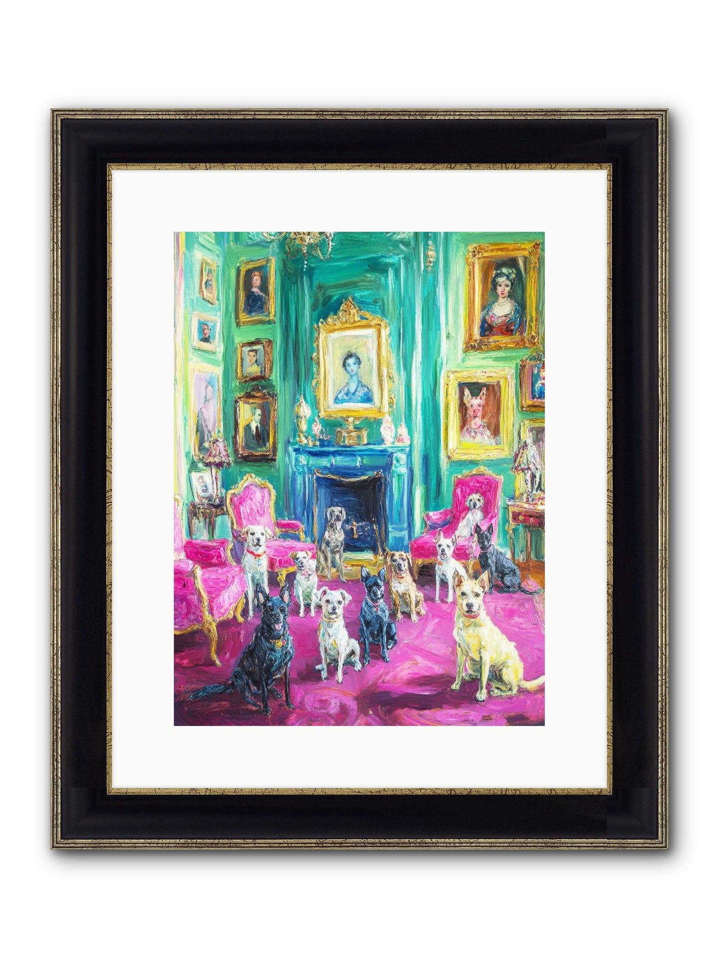 Parlor Dogs Taking Tea Framed Print - Black & Gold 12x16