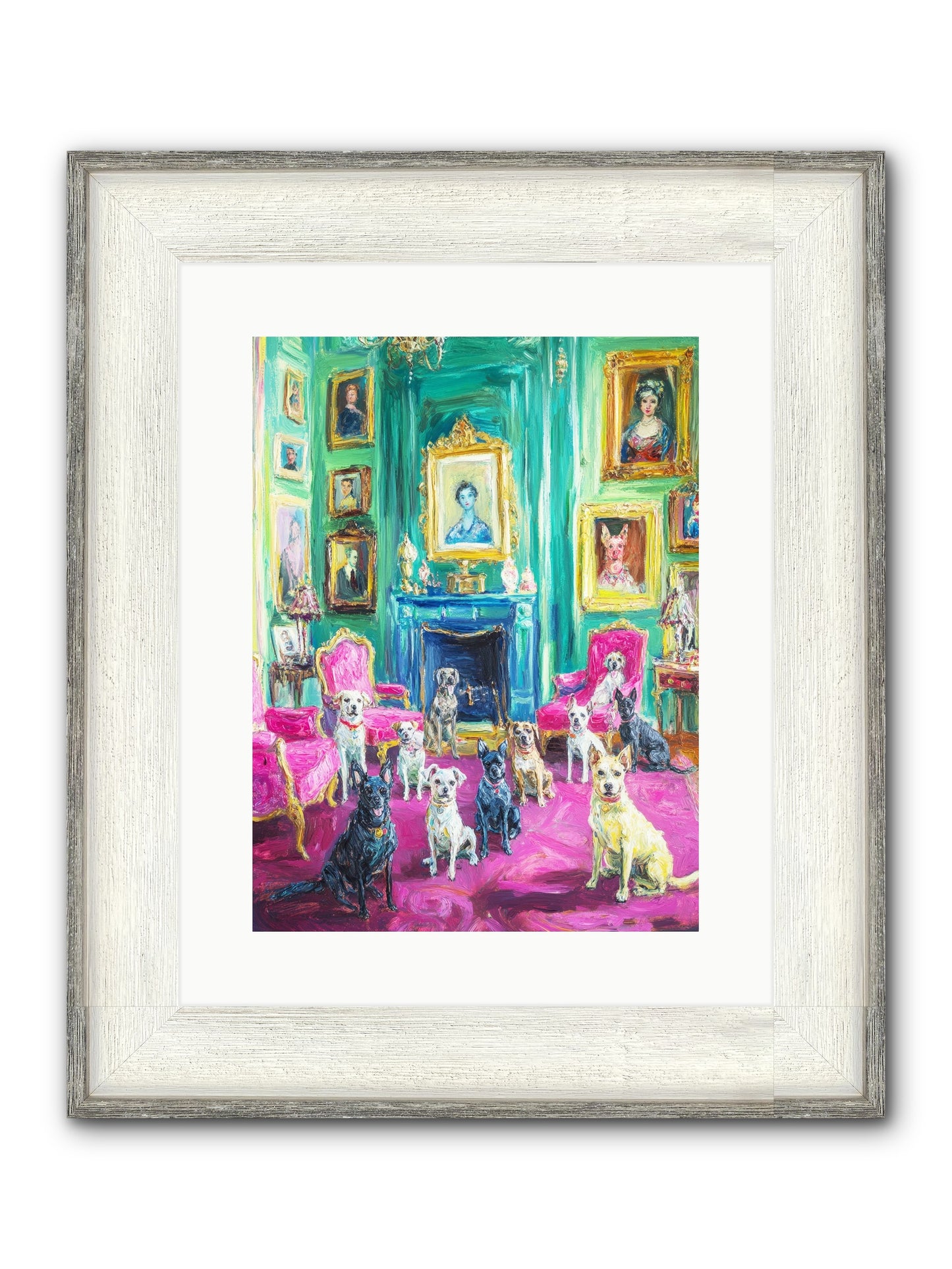 Parlor Dogs Taking Tea Framed Print - Driftwood White 12x16