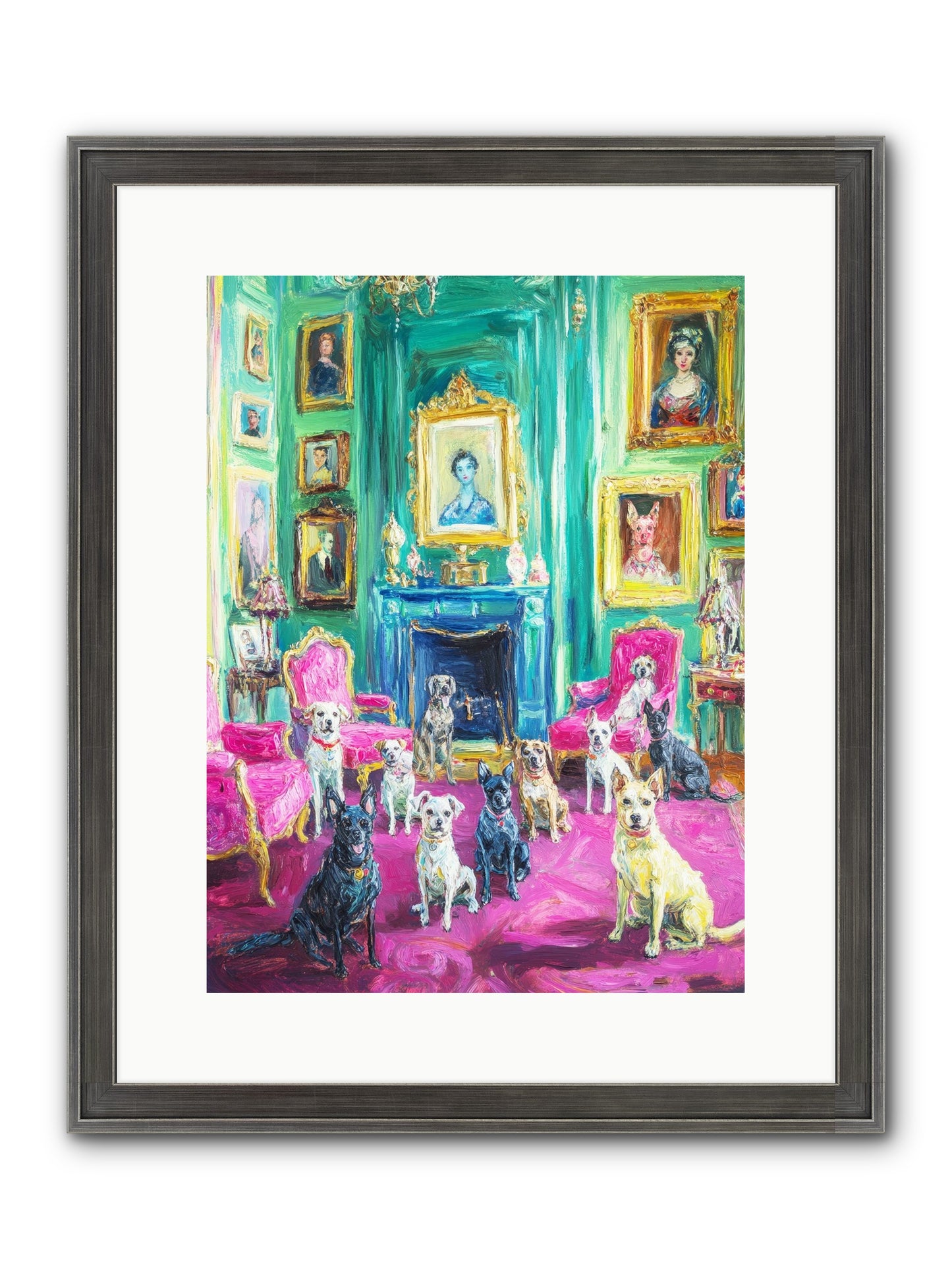 Parlor Dogs Taking Tea Framed Print - Slimwoods Black/Silver 12x16