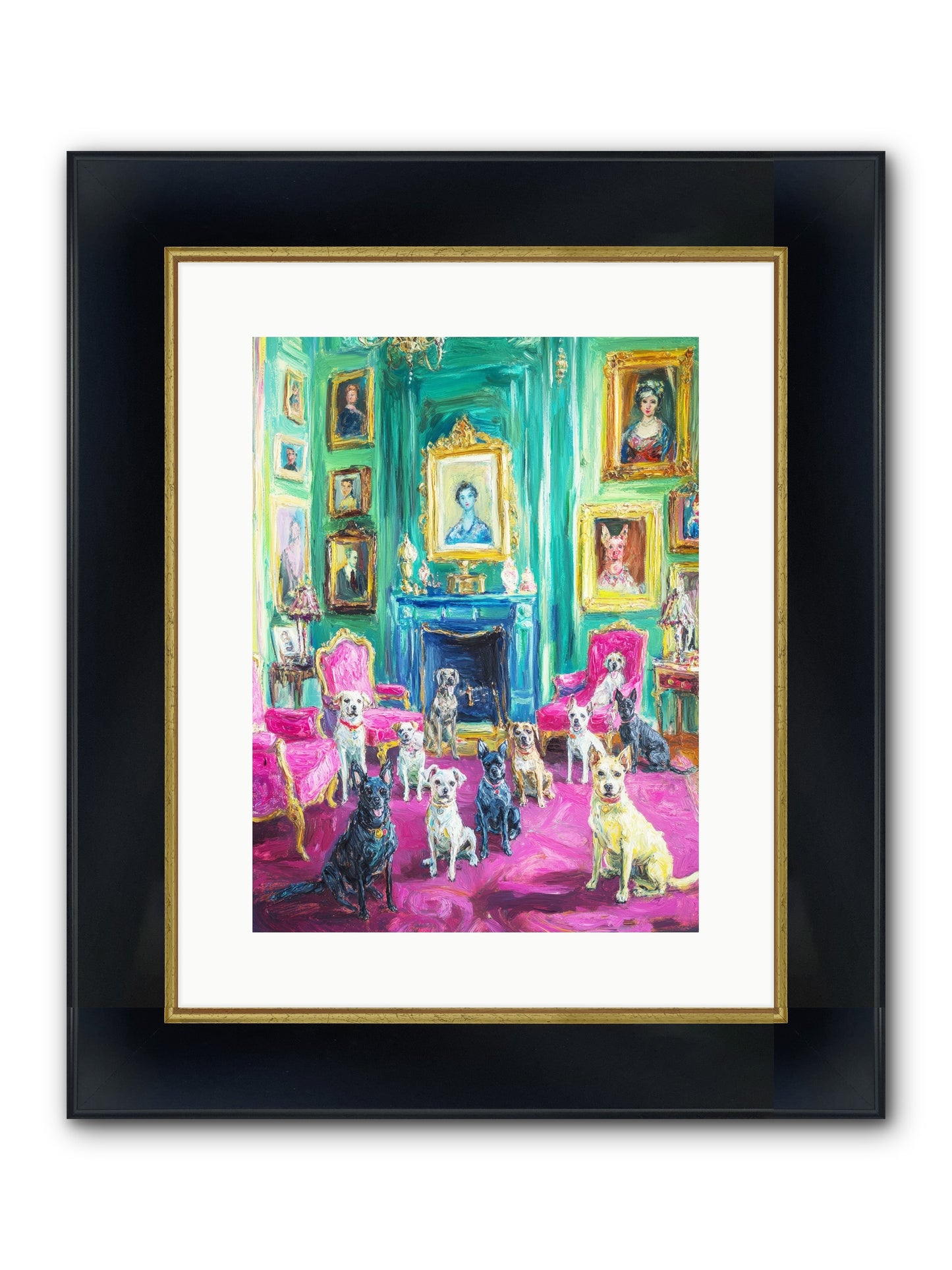 Parlor Dogs Taking Tea Framed Print - Wide Black w/Gold 12x16