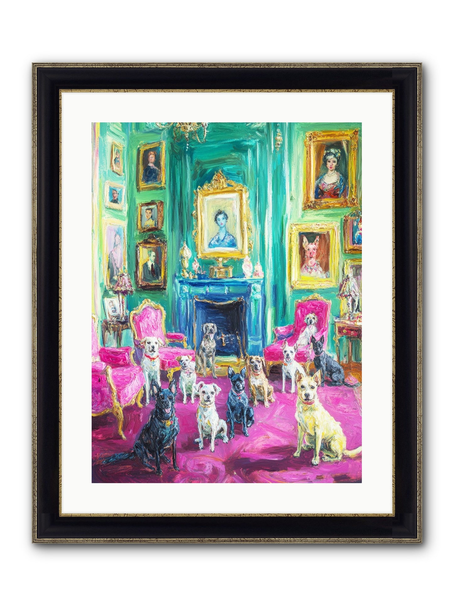Parlor Dogs Taking Tea Framed Print - Black & Gold 18x24