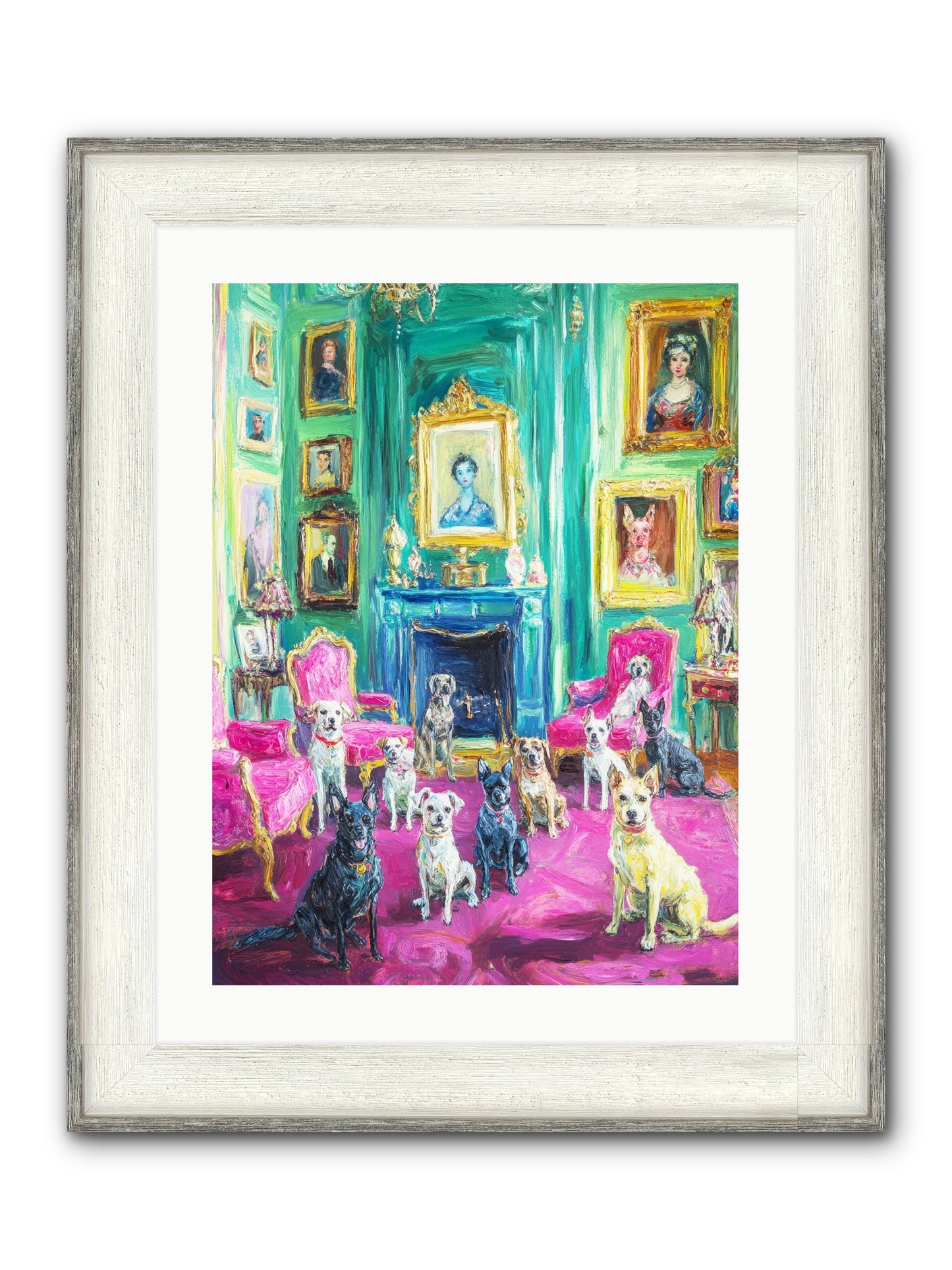 Parlor Dogs Taking Tea Framed Print - Driftwood White 18x24