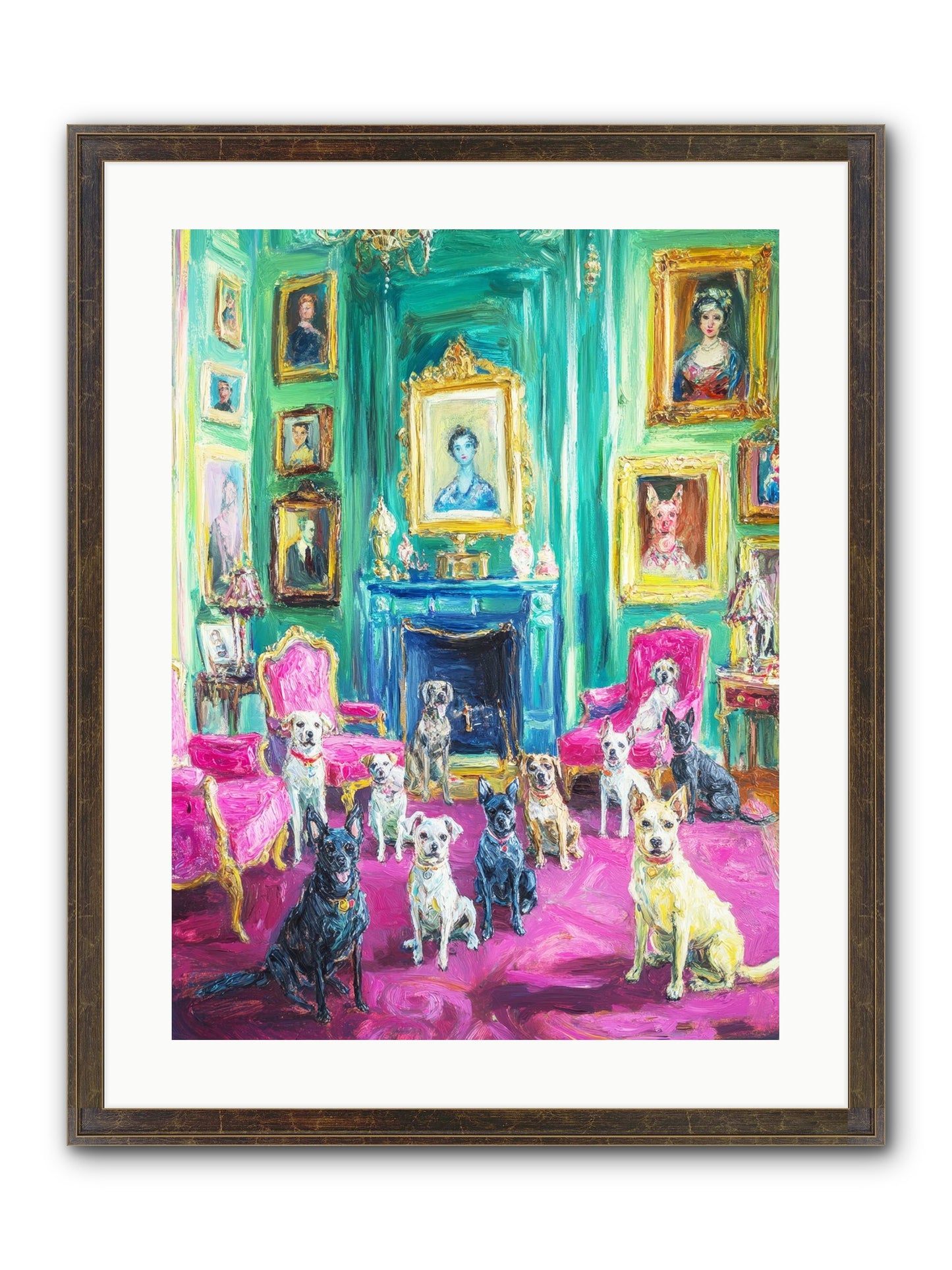 Parlor Dogs Taking Tea Framed Print - Slimwoods Black/Gold 18x24