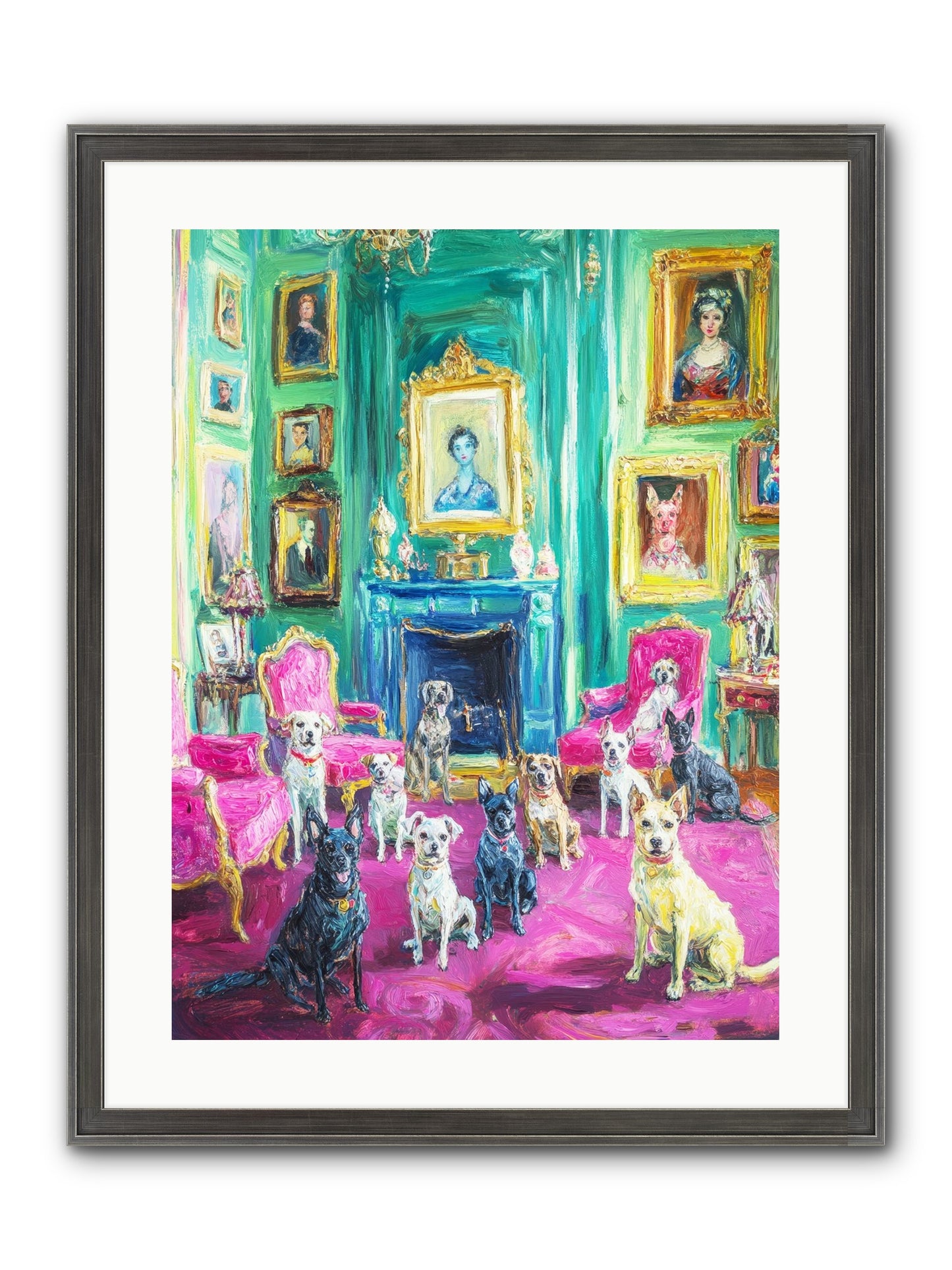 Parlor Dogs Taking Tea Framed Print - Slimwoods Black/Silver 18x24