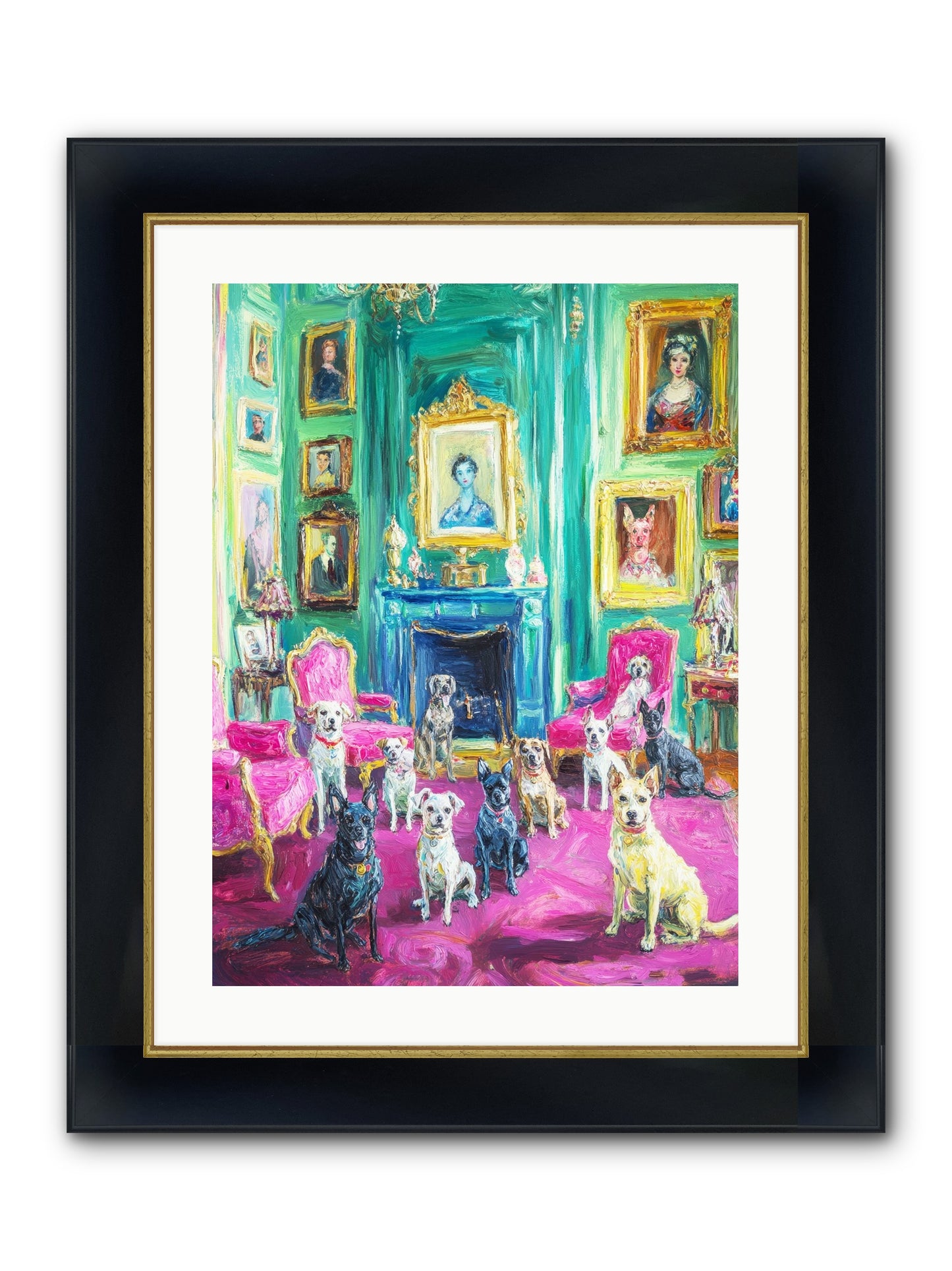 Parlor Dogs Taking Tea Framed Print - Wide Black w/Gold 18x24