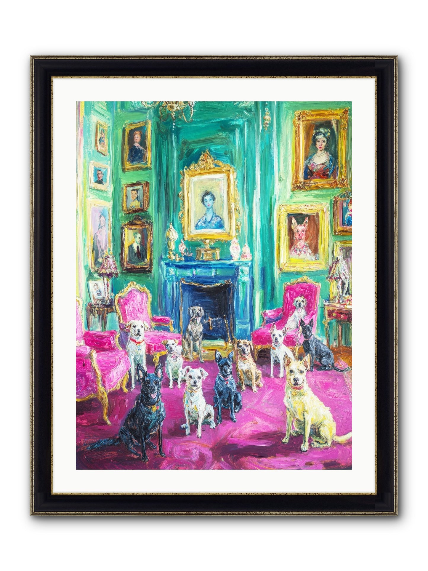 Parlor Dogs Taking Tea Framed Print - Black & Gold 24x32