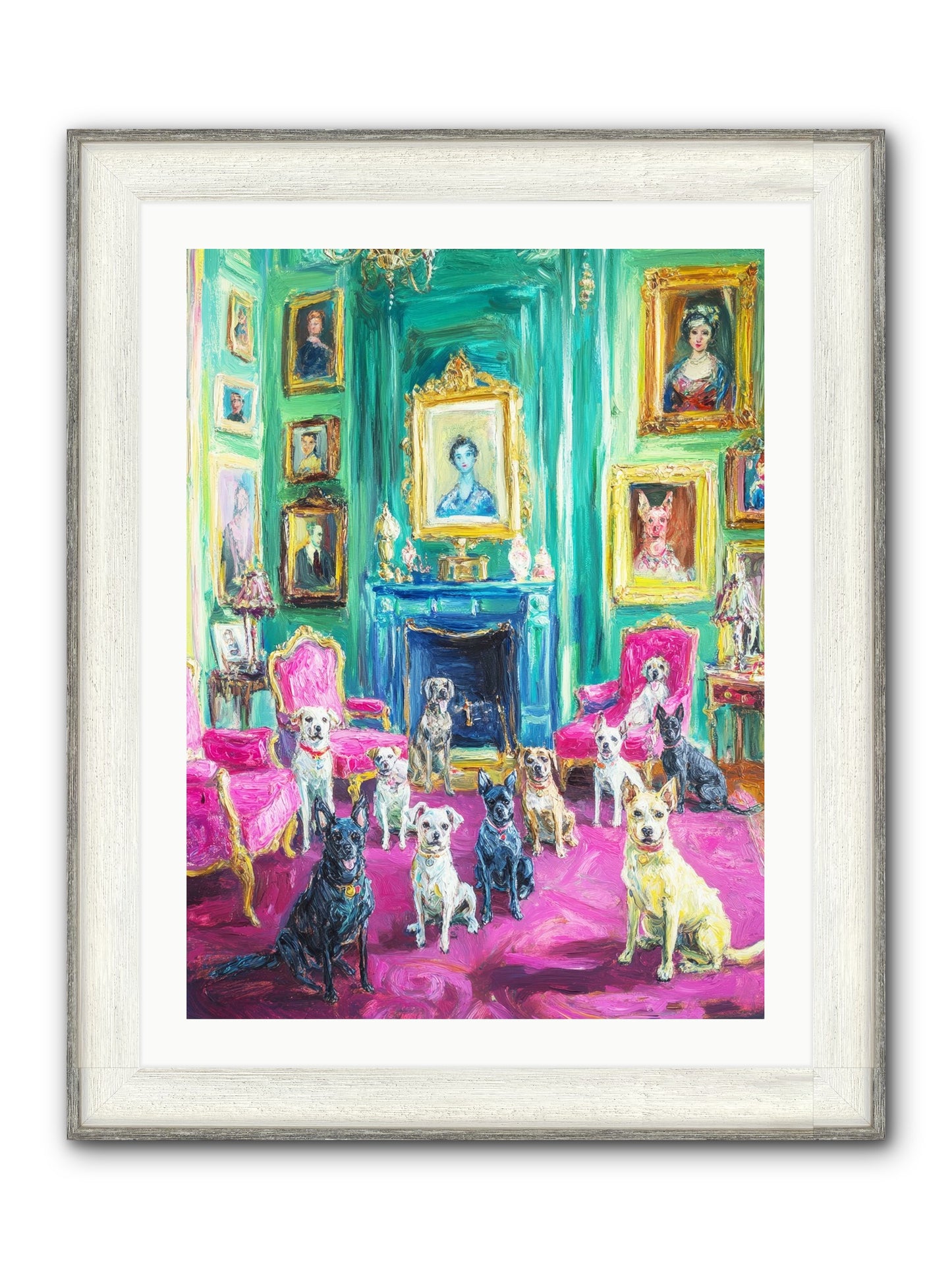 Parlor Dogs Taking Tea Framed Print - Driftwood White 24x32