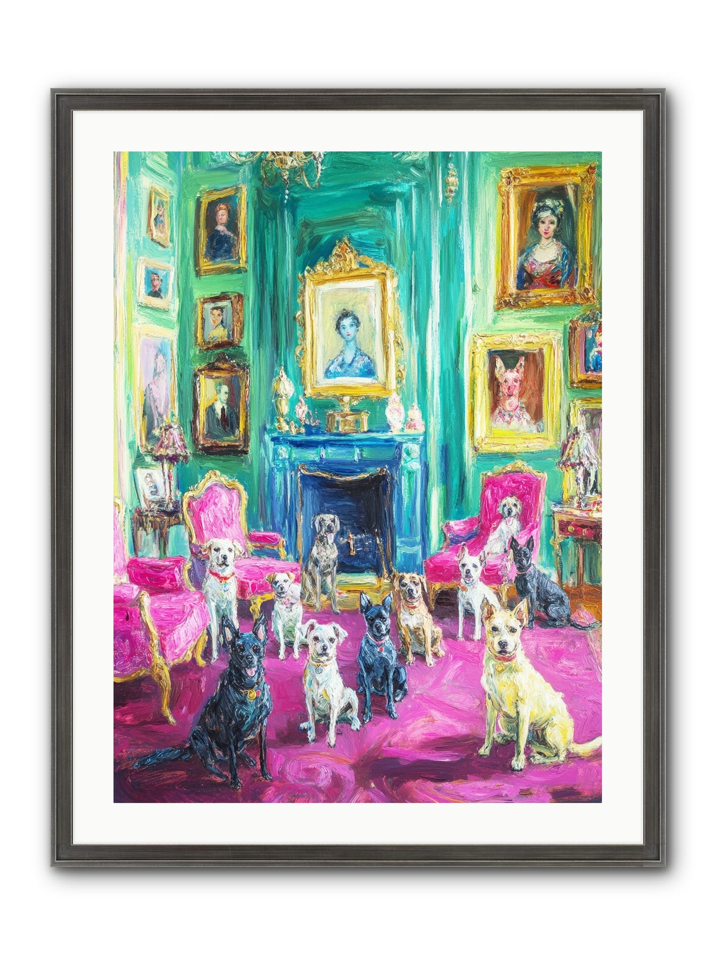 Parlor Dogs Taking Tea Framed Print - Slimwoods Black/Silver 24x32