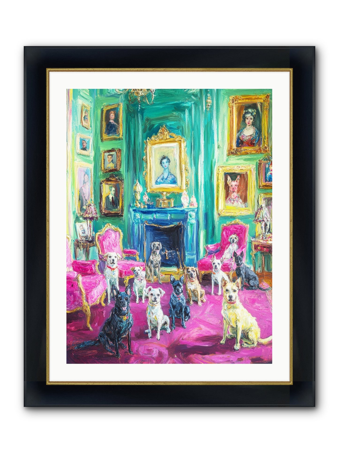 Parlor Dogs Taking Tea Framed Print - Wide Black w/Gold 24x32