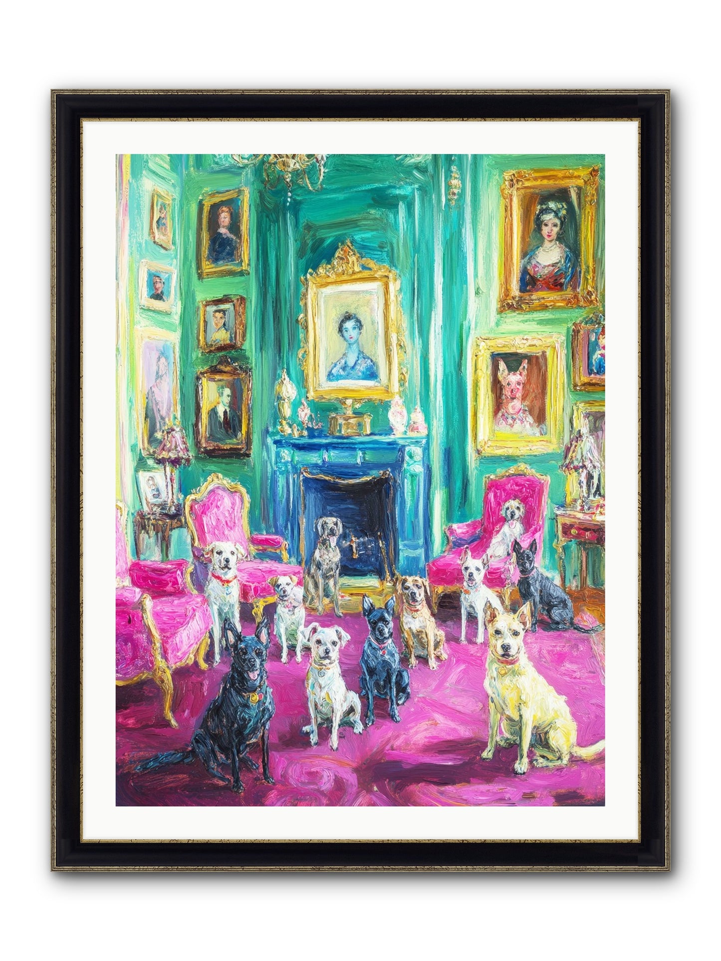 Parlor Dogs Taking Tea Framed Print - Black & Gold 30x40