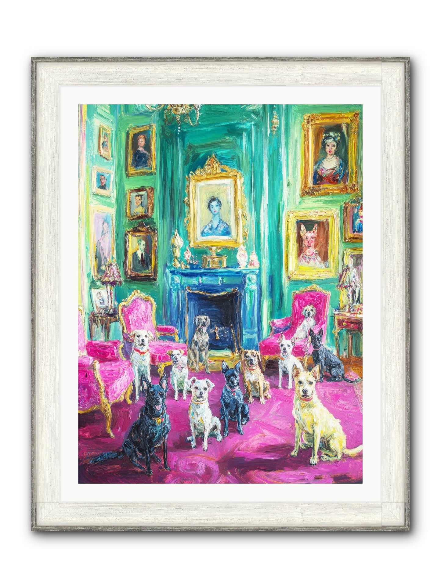 Parlor Dogs Taking Tea Framed Print - Driftwood White 30x40