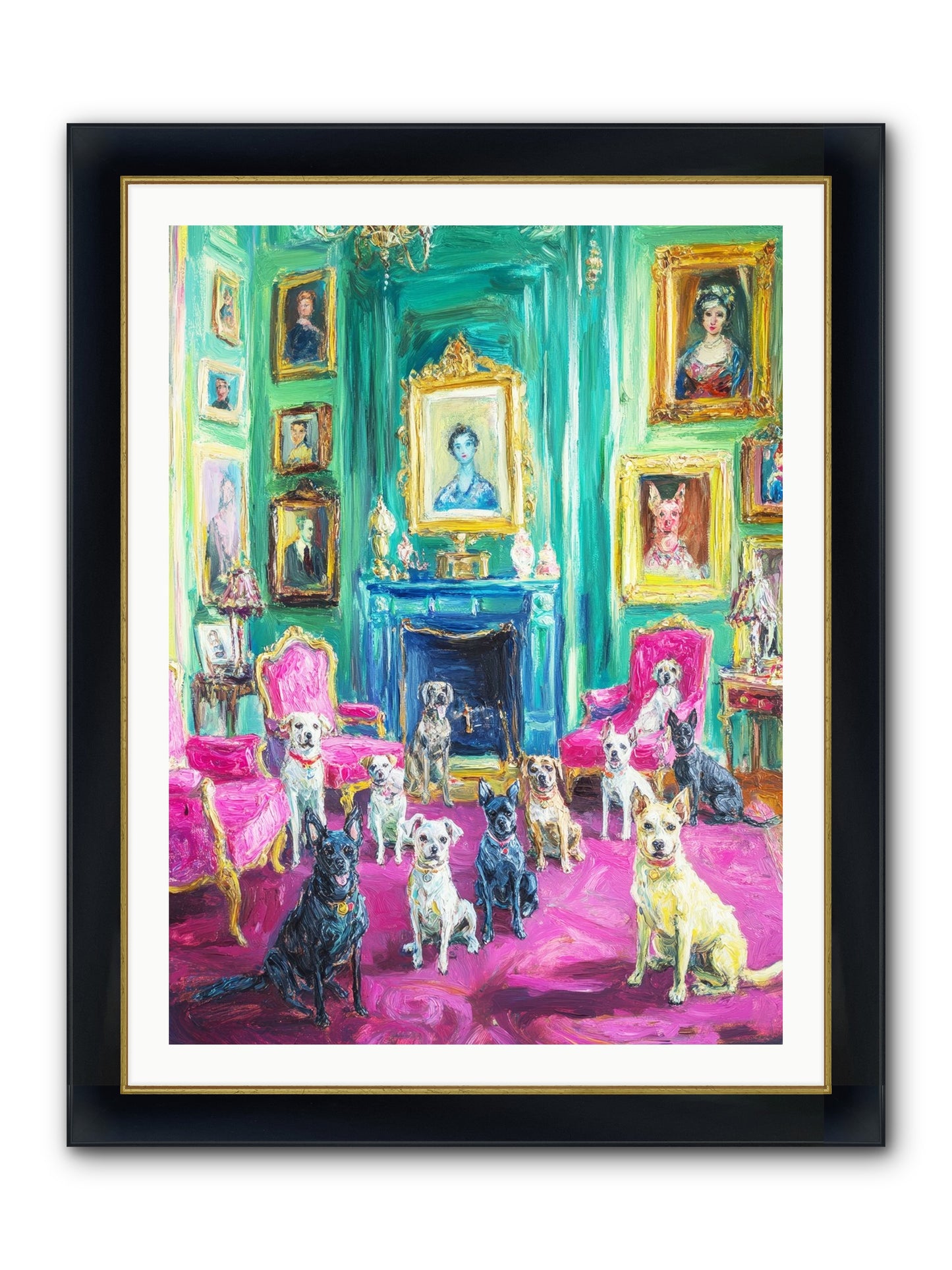 Parlor Dogs Taking Tea Framed Print - Wide Black w/Gold 30x40