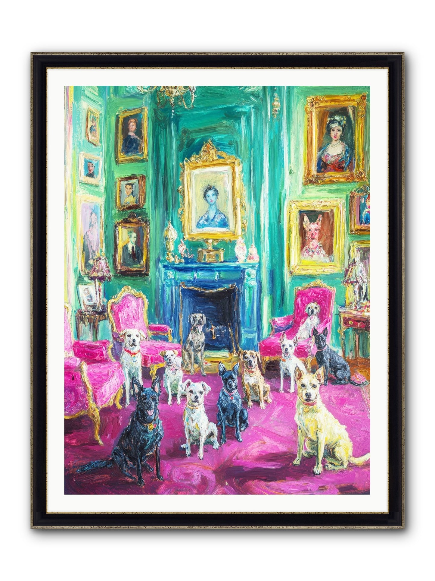 Parlor Dogs Taking Tea Framed Print - Black & Gold 36x48