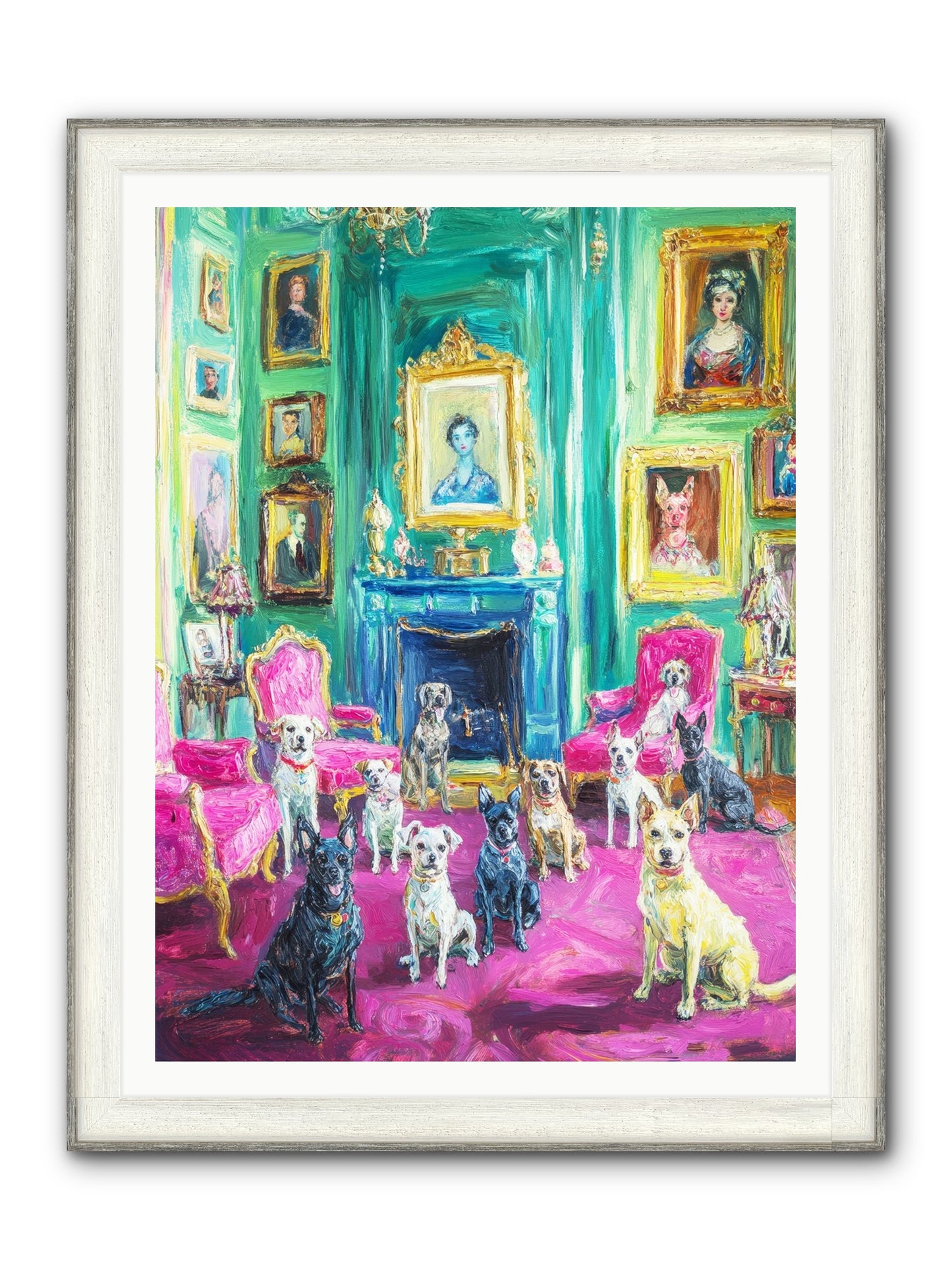 Parlor Dogs Taking Tea Framed Print - Driftwood White 36x48