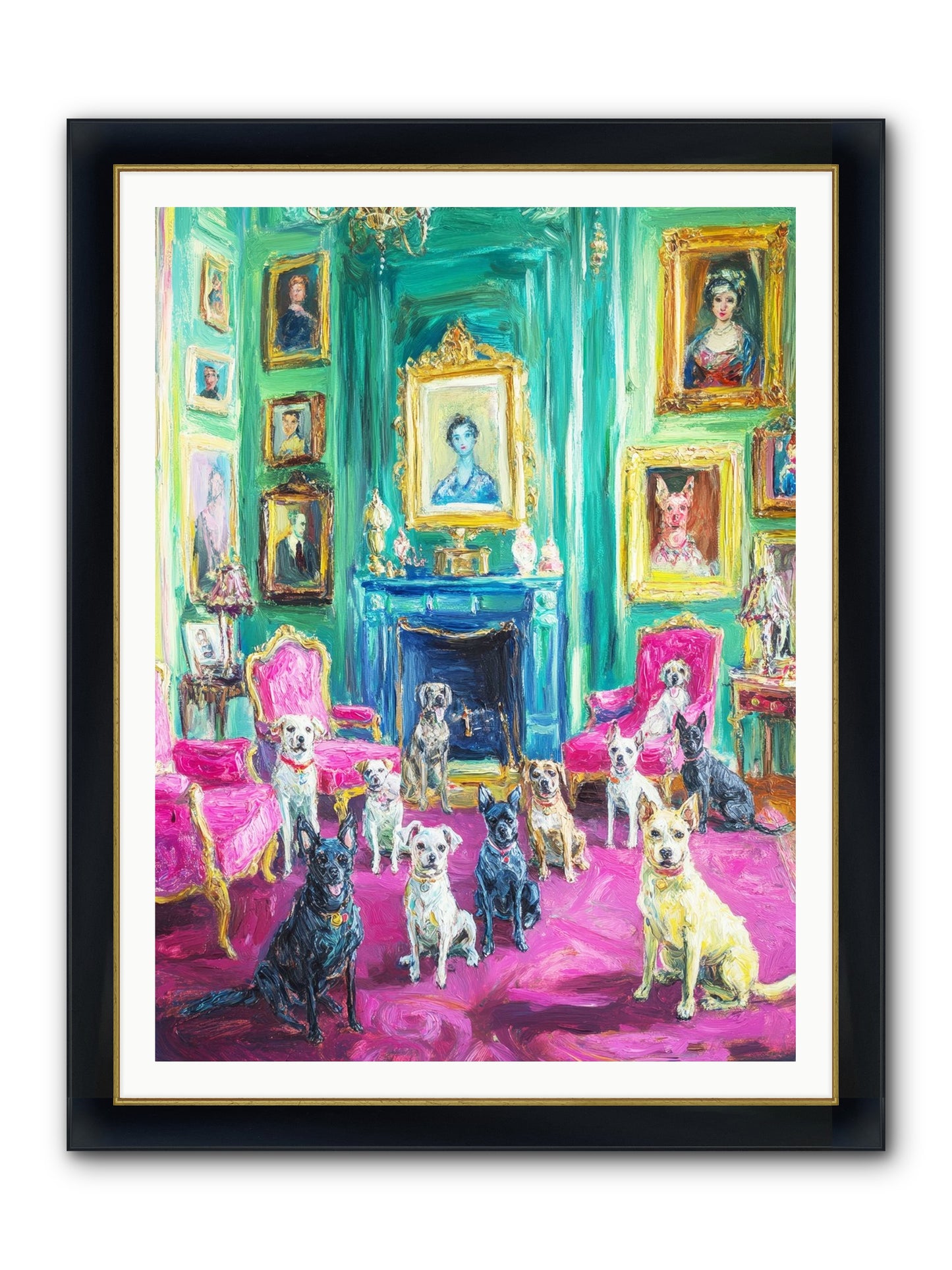 Parlor Dogs Taking Tea Framed Print - Wide Black w/Gold 36x48
