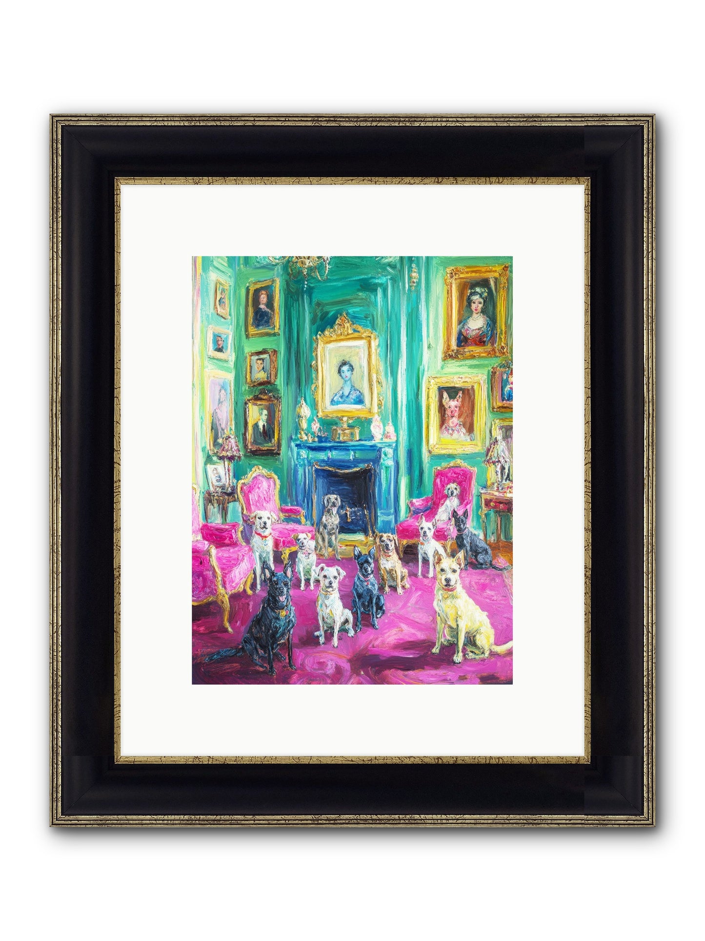 Parlor Dogs Taking Tea Framed Print - Black & Gold 9x12