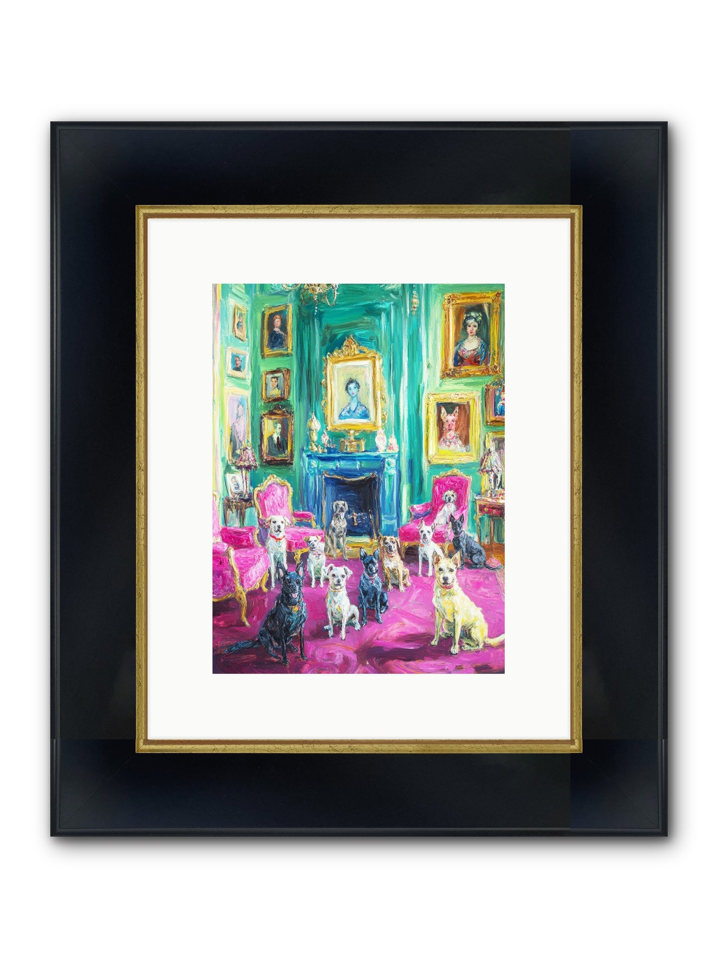 Parlor Dogs Taking Tea Framed Print - Wide Black w/Gold 9x12