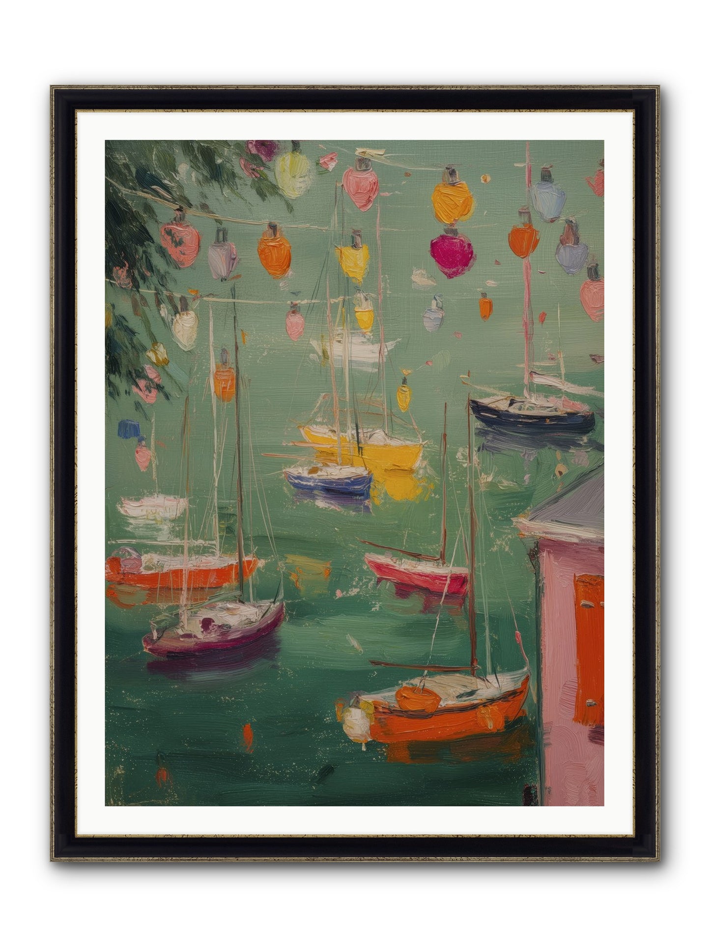 Peaceful Anchorage Framed Print - Black & Gold 36x48