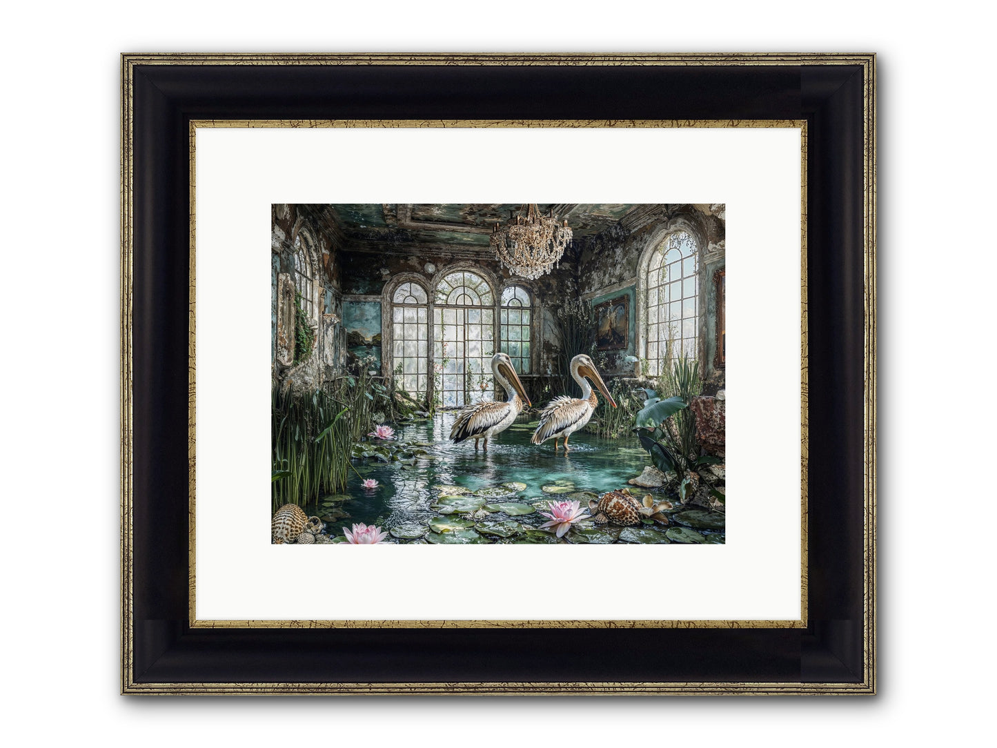 Pelicans Of The Grand Tour Framed Print - Black & Gold 12x9