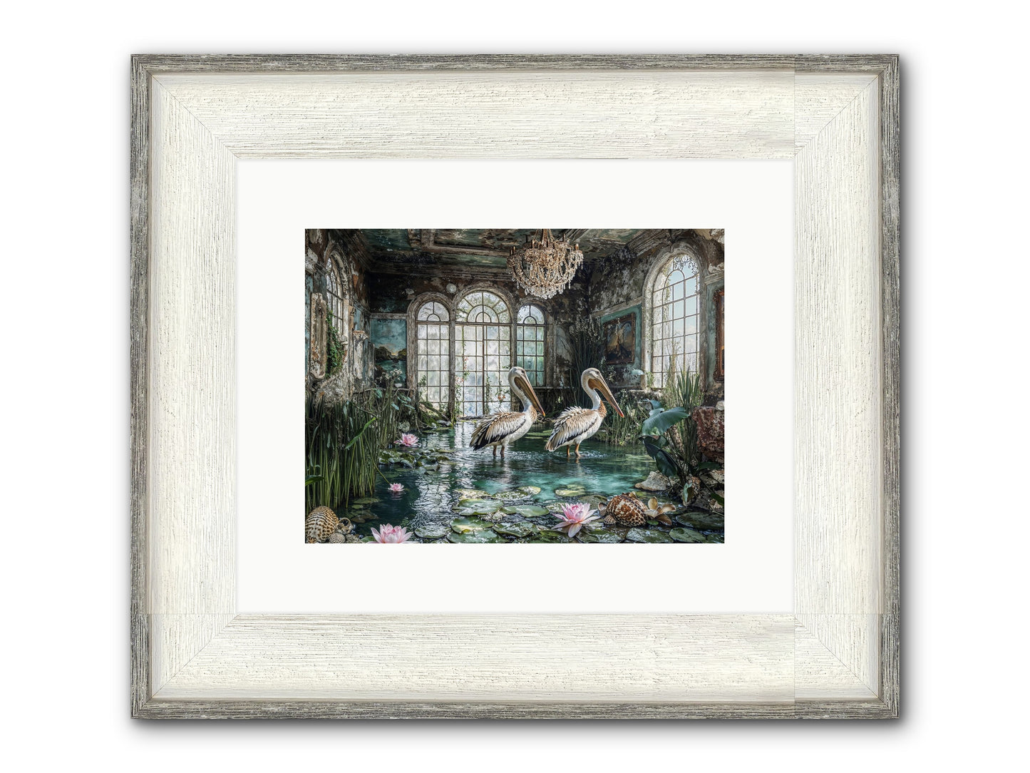 Pelicans Of The Grand Tour Framed Print - Driftwood White 12x9