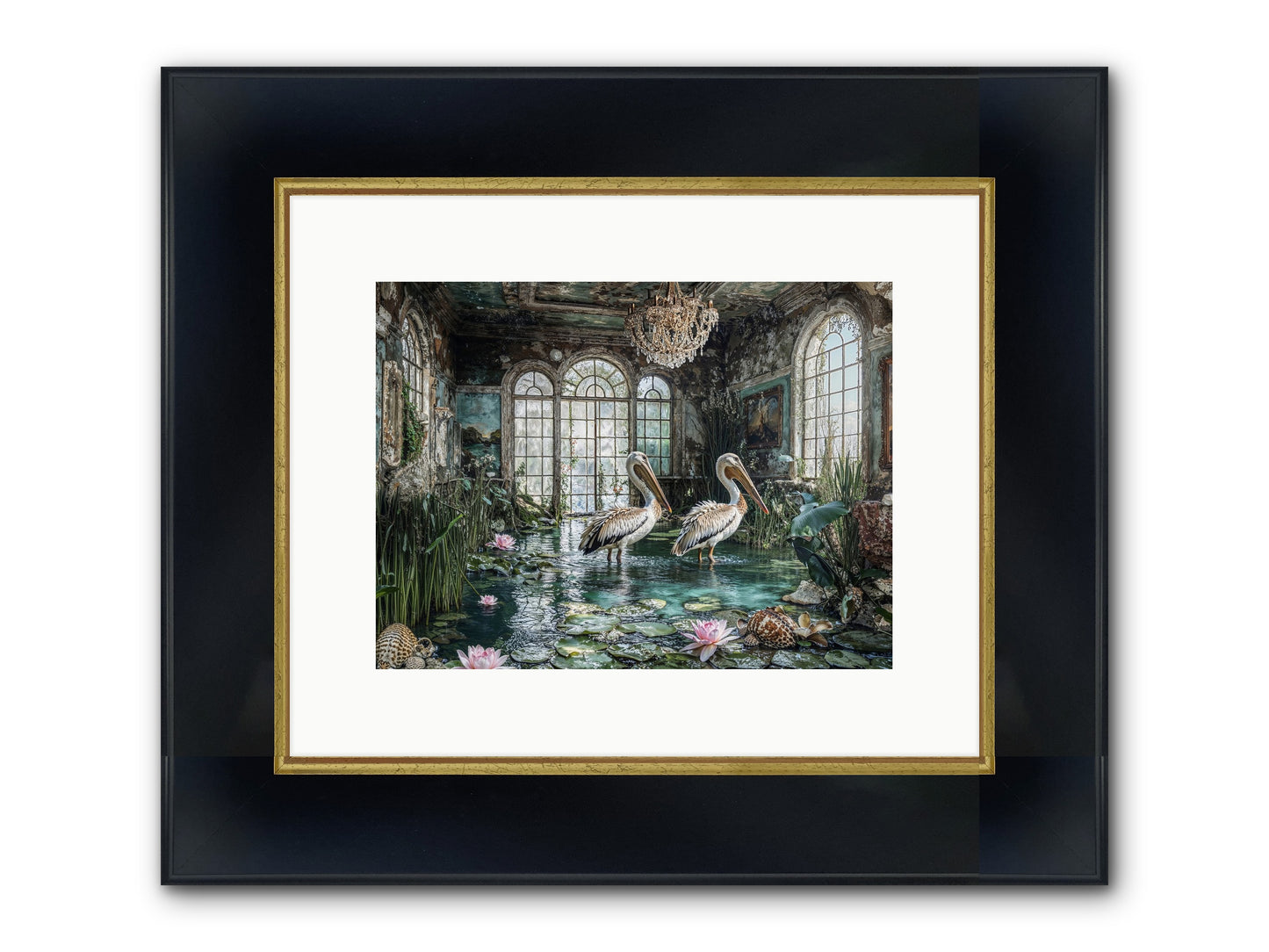 Pelicans Of The Grand Tour Framed Print - Wide Black w/Gold 12x9