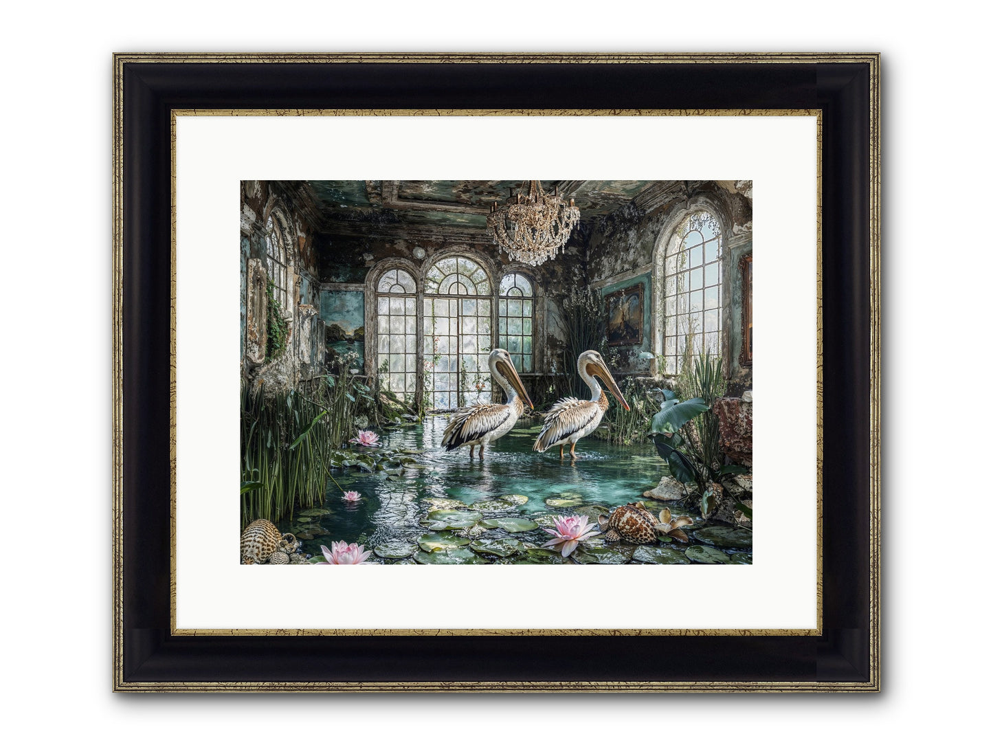 Pelicans Of The Grand Tour Framed Print - Black & Gold 16x12