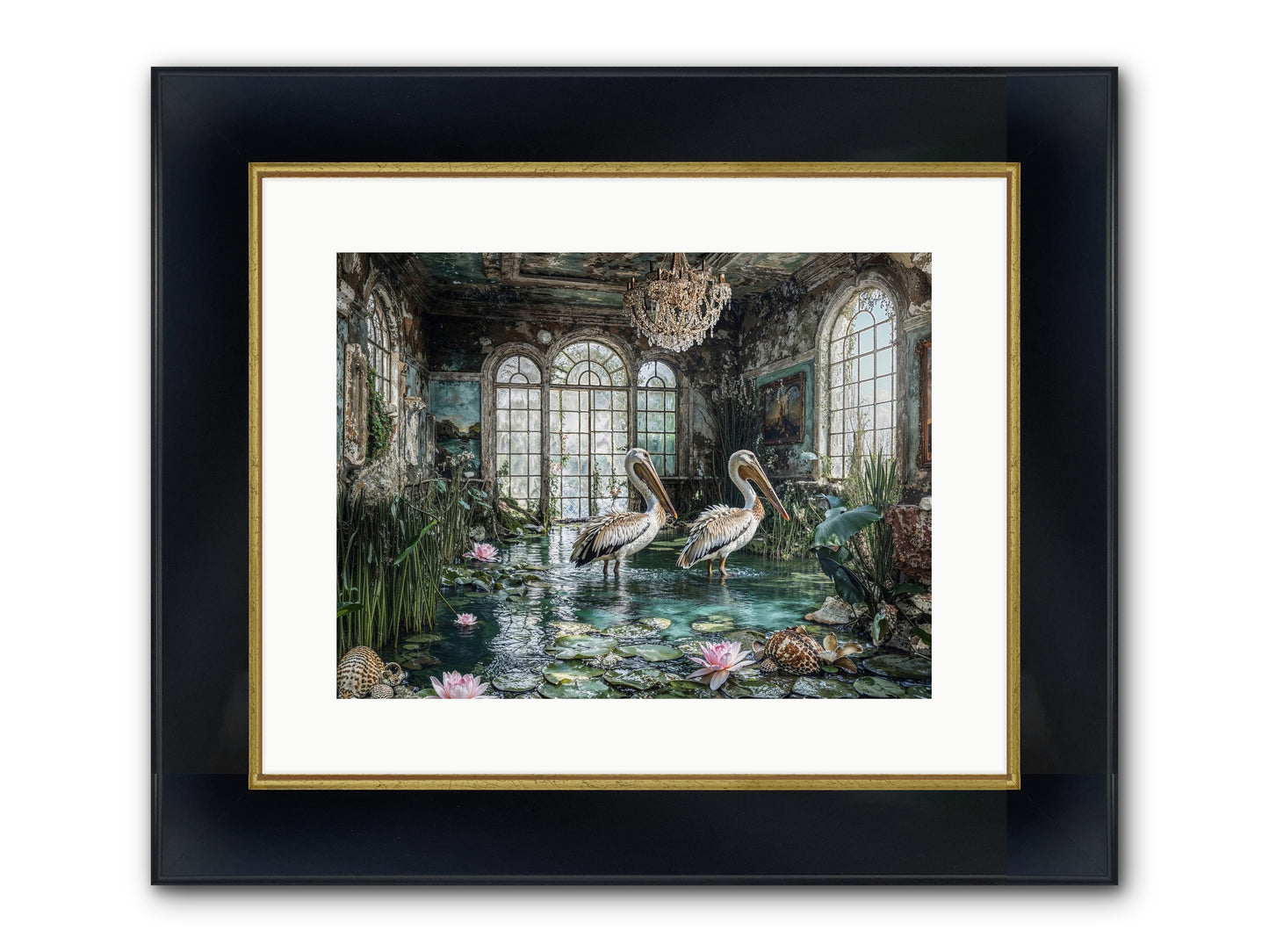 Pelicans Of The Grand Tour Framed Print - Wide Black w/Gold 16x12