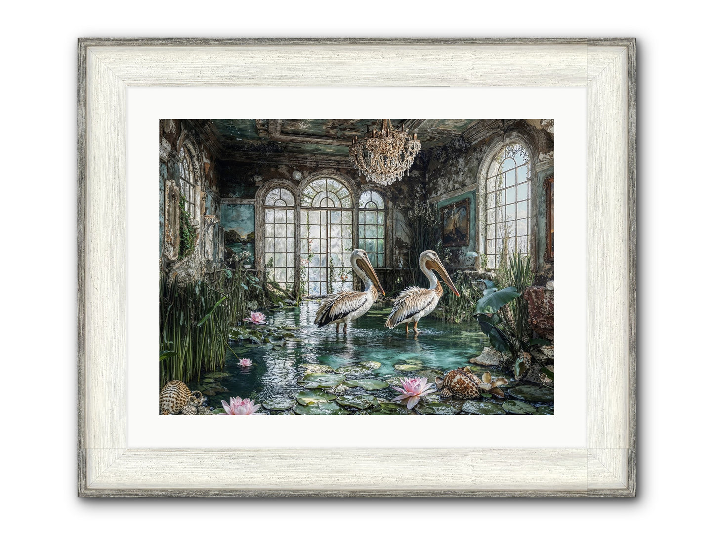 Pelicans Of The Grand Tour Framed Print - Driftwood White 24x18