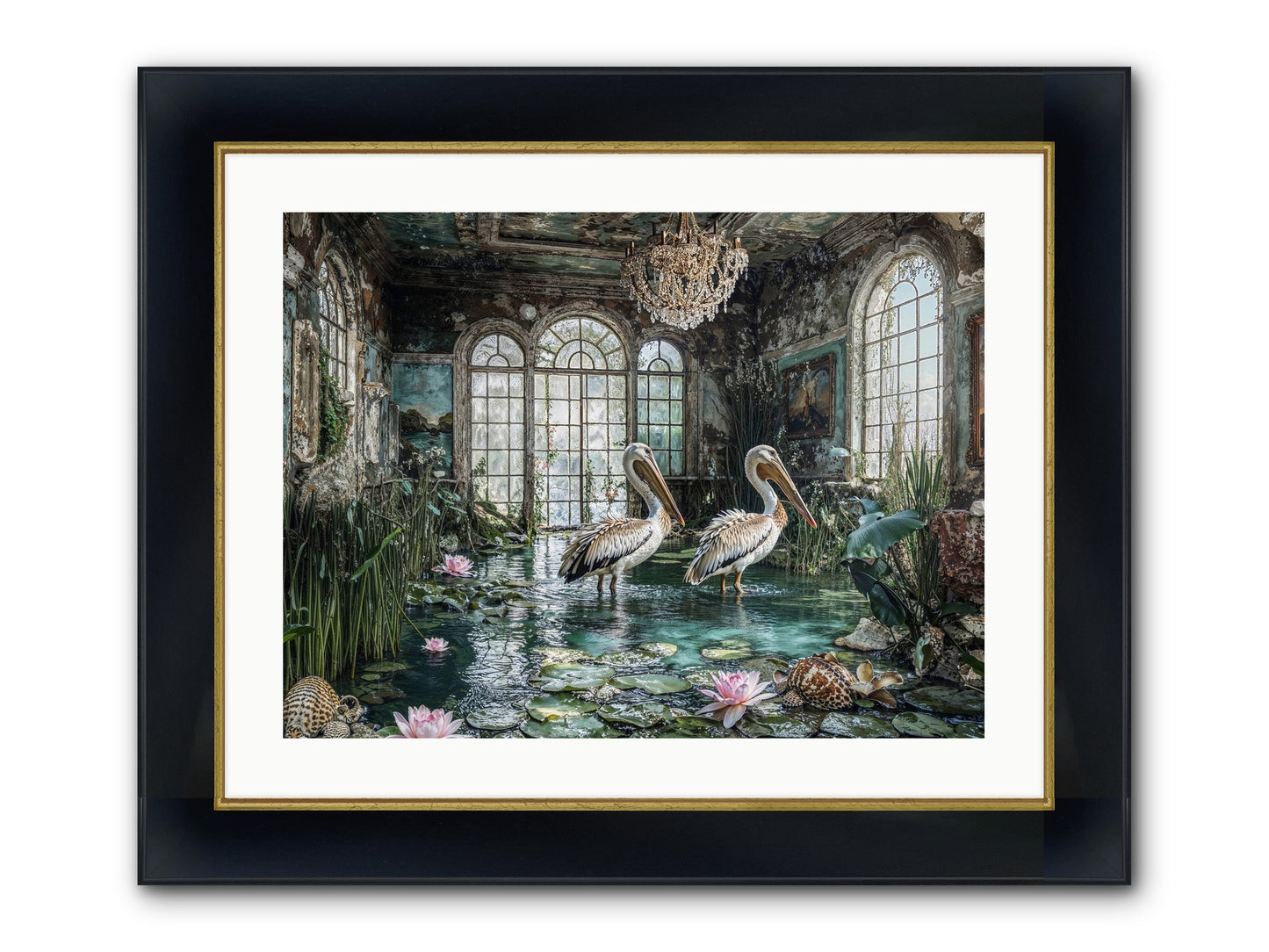 Pelicans Of The Grand Tour Framed Print - Wide Black w/Gold 24x18