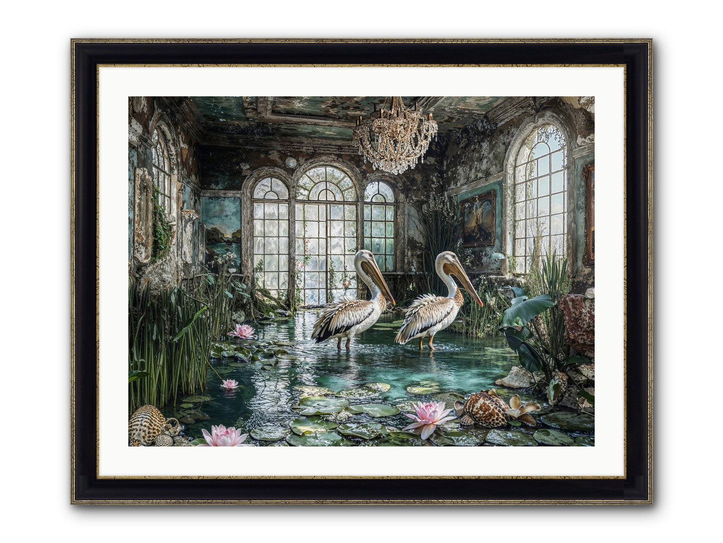 Pelicans Of The Grand Tour Framed Print - Black & Gold 32x24
