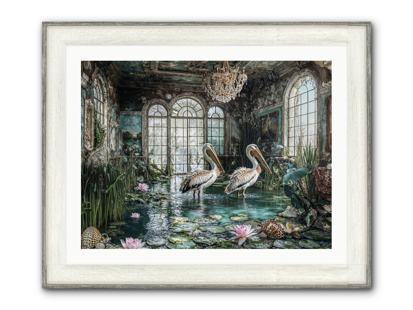 Pelicans Of The Grand Tour Framed Print - Driftwood White 32x24