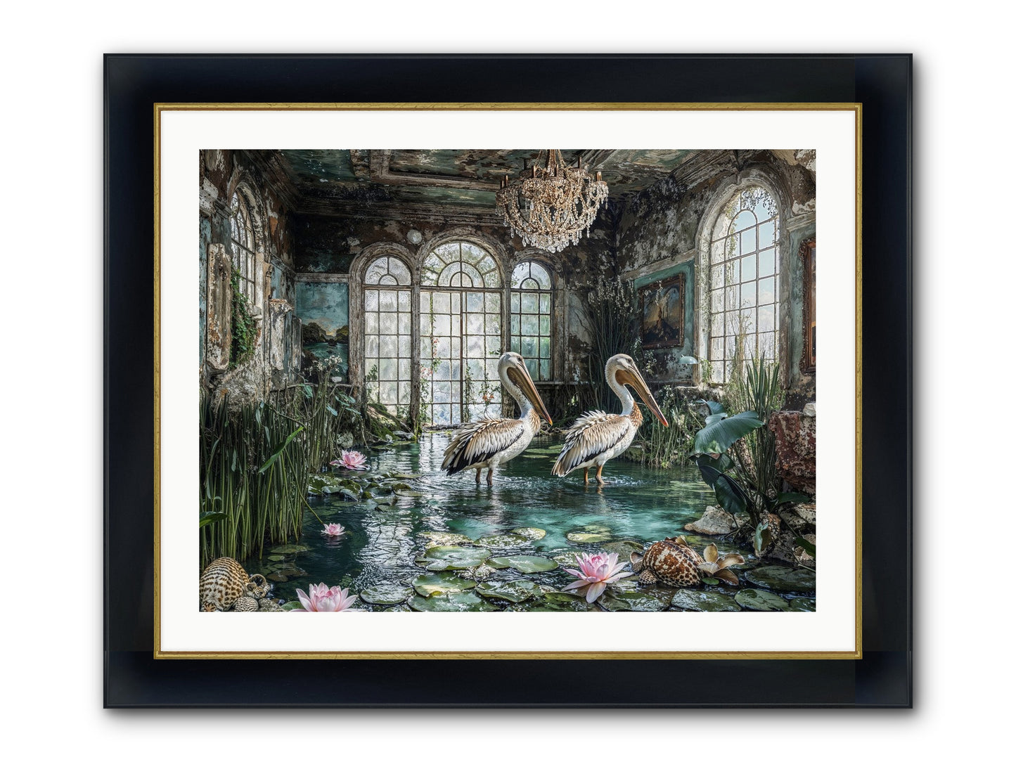 Pelicans Of The Grand Tour Framed Print - Wide Black w/Gold 32x24