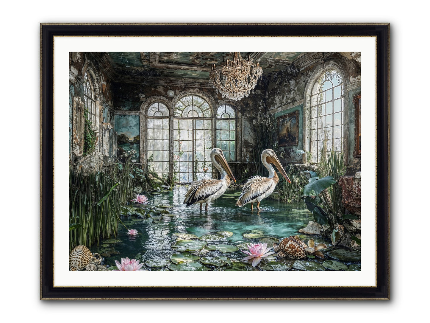 Pelicans Of The Grand Tour Framed Print - Black & Gold 40x30