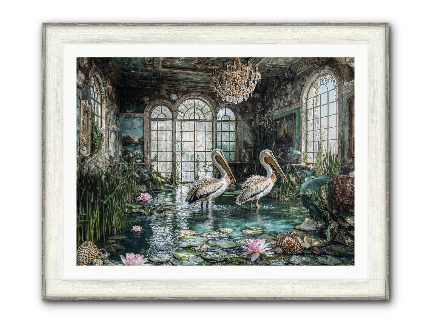 Pelicans Of The Grand Tour Framed Print - Driftwood White 40x30