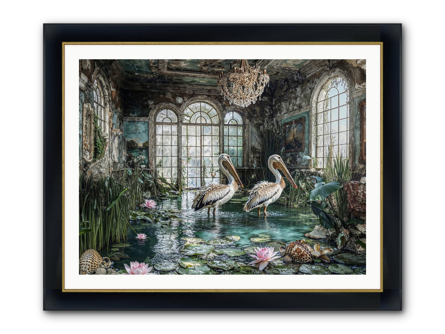 Pelicans Of The Grand Tour Framed Print - Wide Black w/Gold 40x30