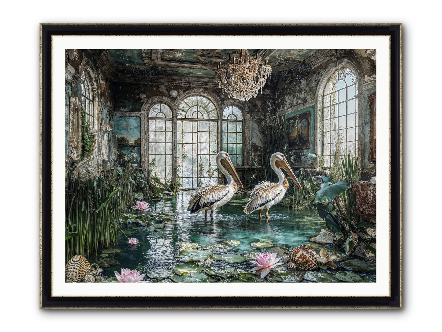 Pelicans Of The Grand Tour Framed Print - Black & Gold 48x36
