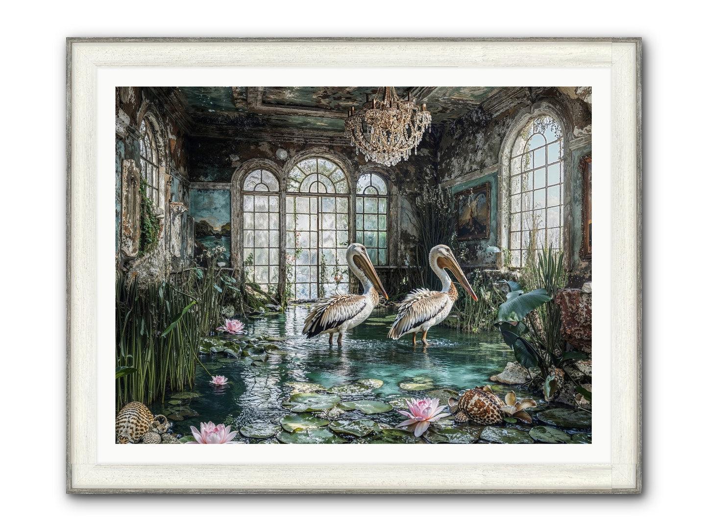 Pelicans Of The Grand Tour Framed Print - Driftwood White 48x36