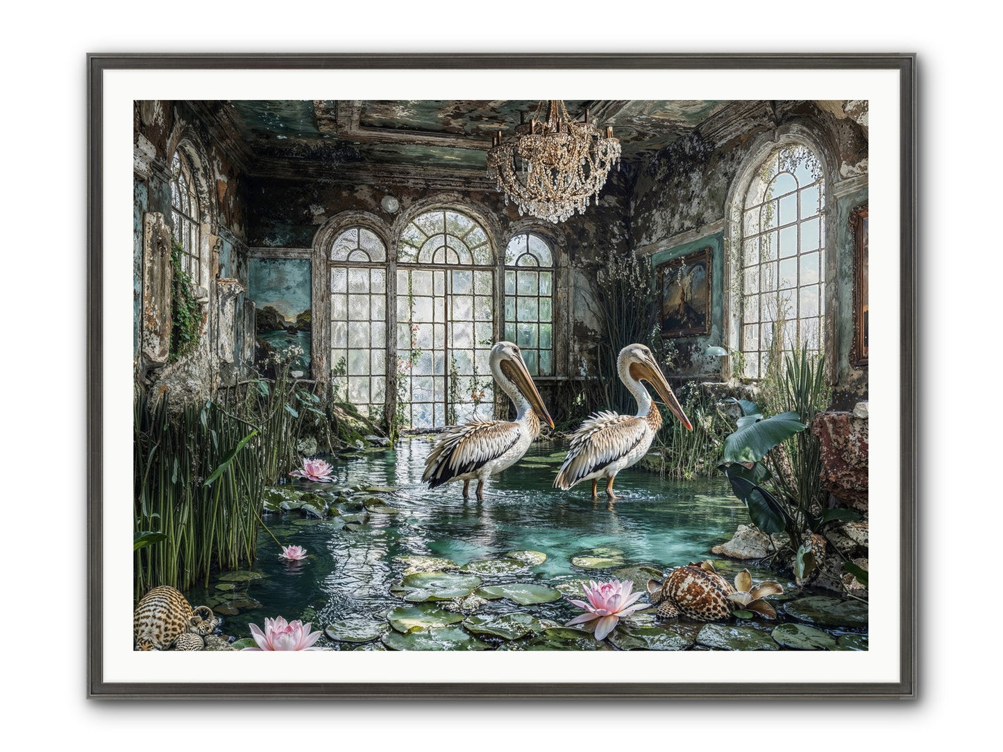 Pelicans Of The Grand Tour Framed Print - Slimwoods Black/Silver 48x36