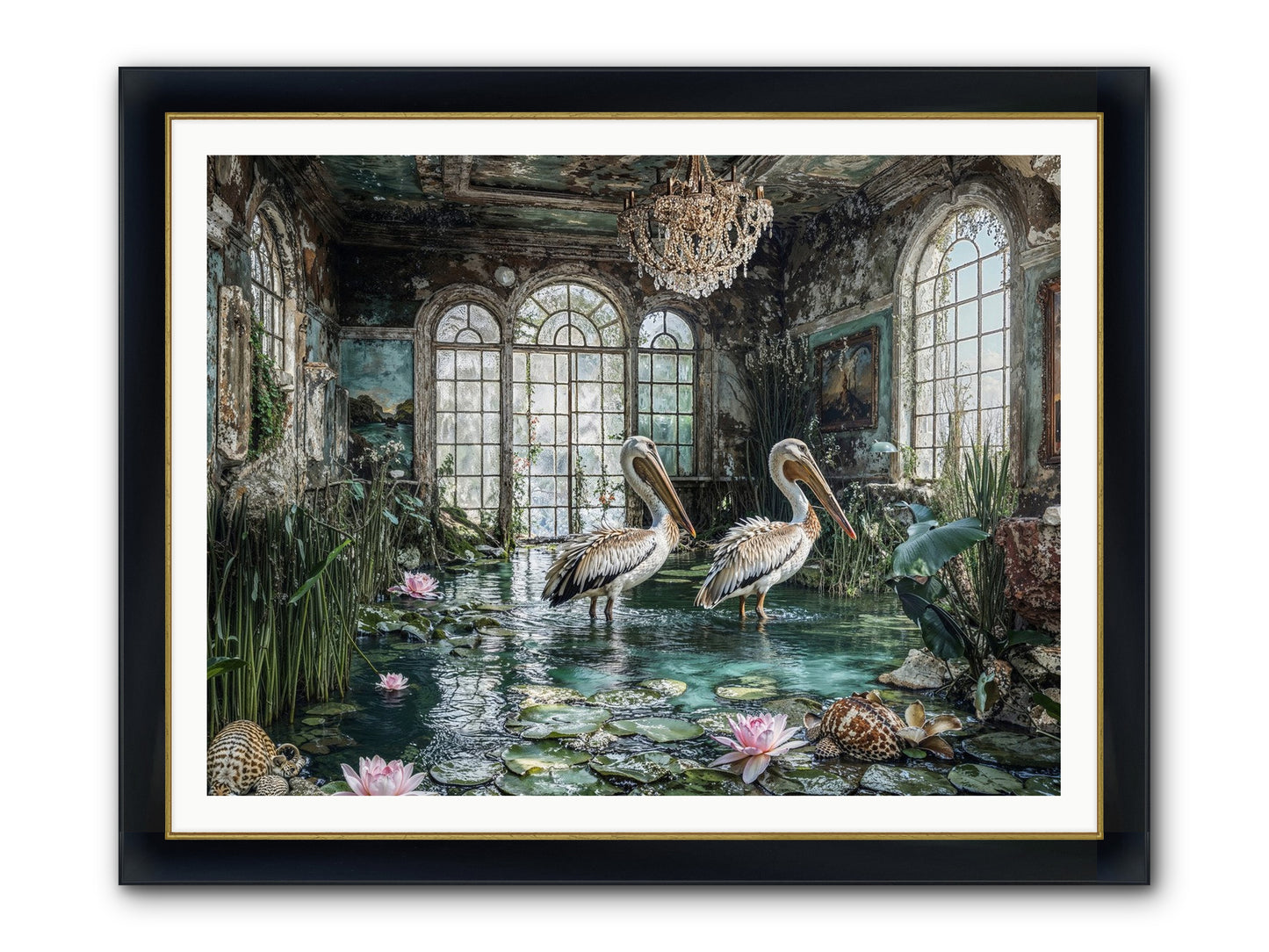 Pelicans Of The Grand Tour Framed Print - Wide Black w/Gold 48x36