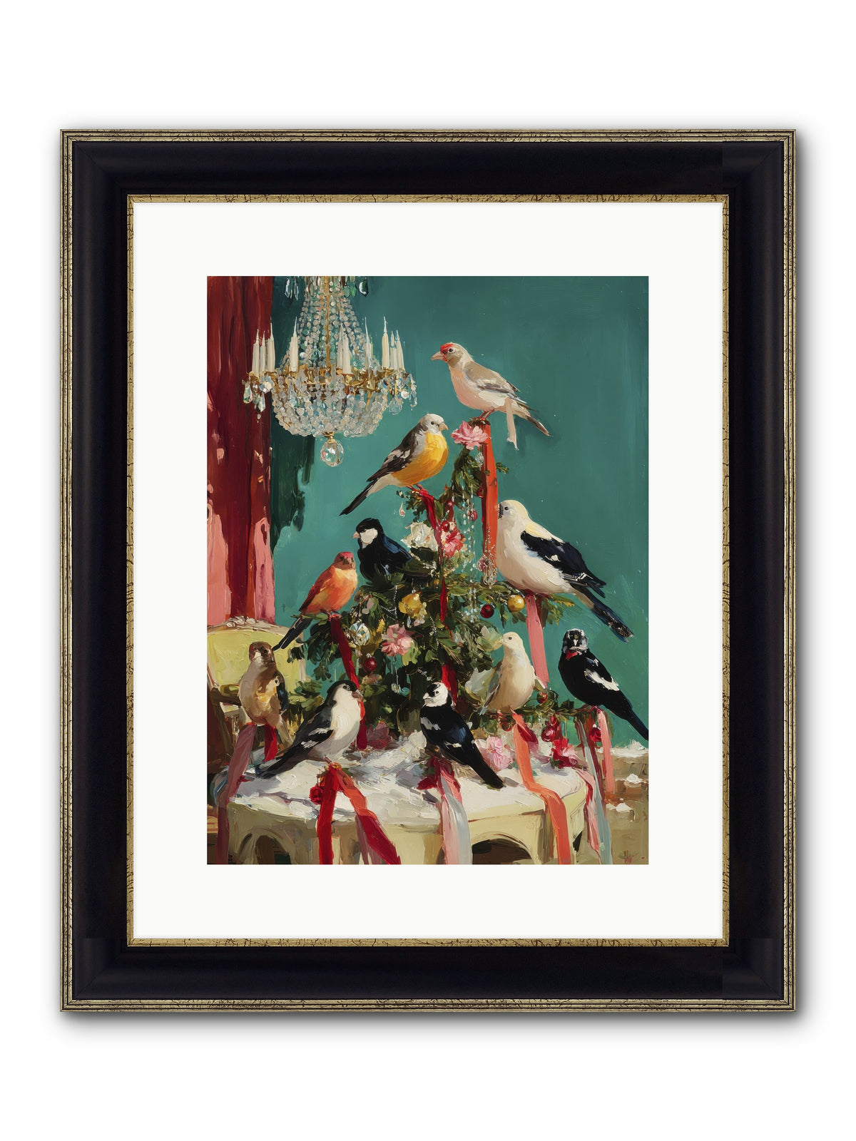 Perched & Perfectly Merry Framed Print - Black & Gold 12x16