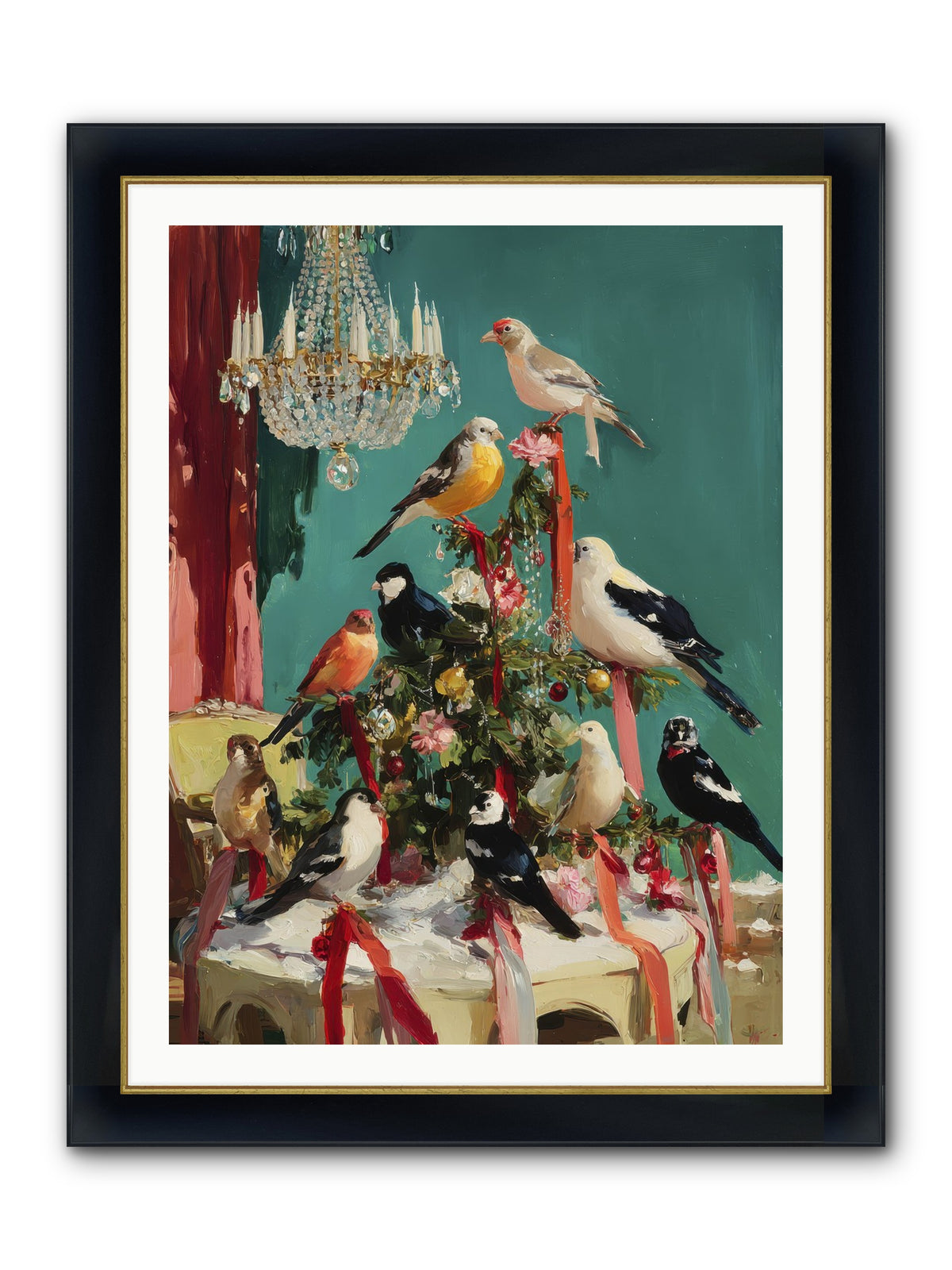 Perched & Perfectly Merry Framed Print - Wide Black w/Gold 30x40